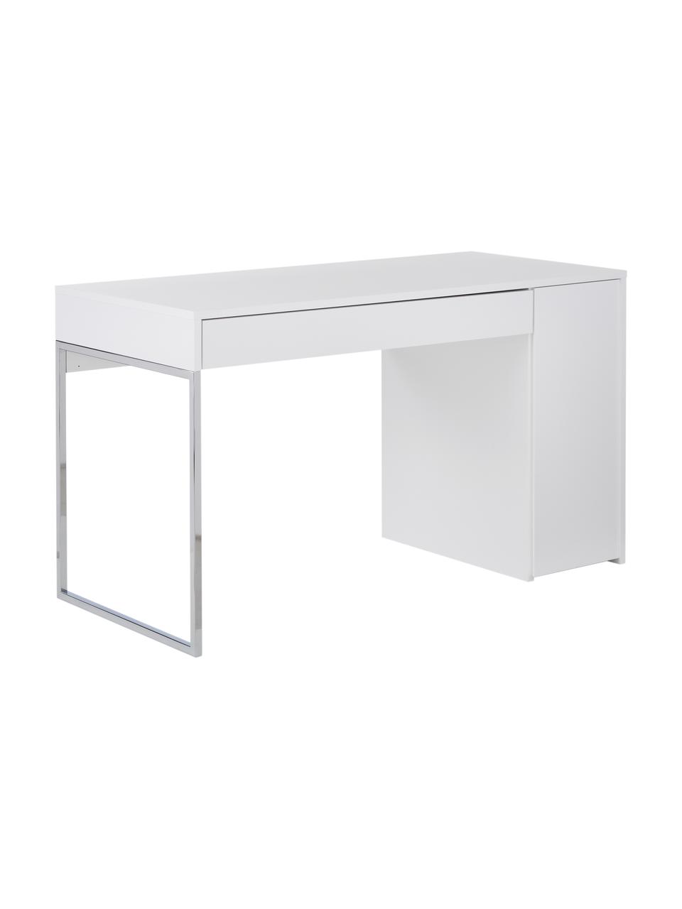 Schreibtisch Tiago in Weiss, Oberfläche: Echtholzfurnier, FSC®-zer, Korpus: Holzfaserplatte, Spanholz, Weiss, matt Beine: Metall, verchromt, B 130 x T 60 cm