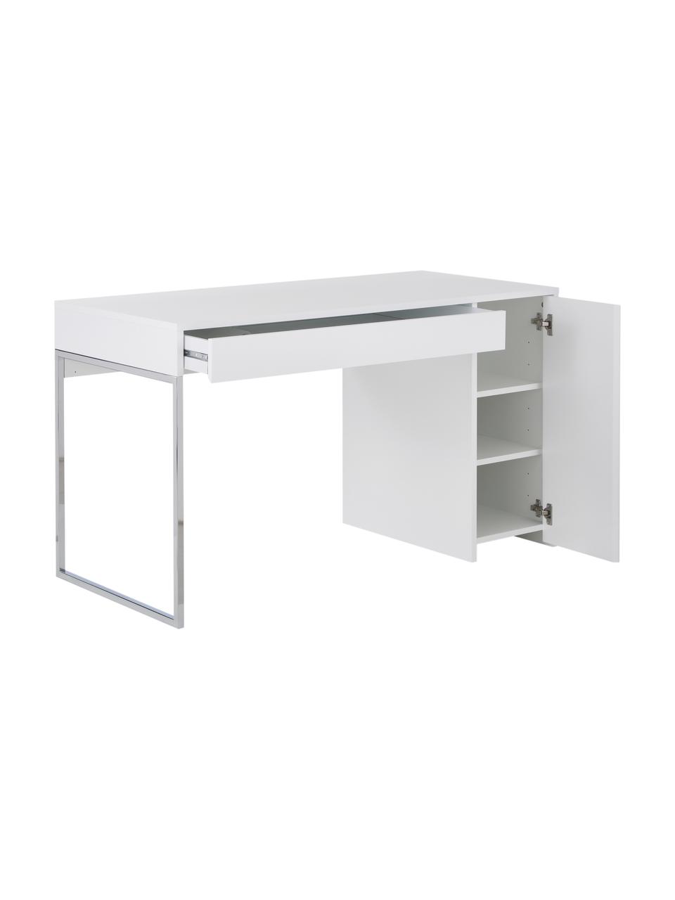 Schreibtisch Tiago in Weiss, Oberfläche: Echtholzfurnier, FSC®-zer, Korpus: Holzfaserplatte, Spanholz, Weiss, matt Beine: Metall, verchromt, B 130 x T 60 cm