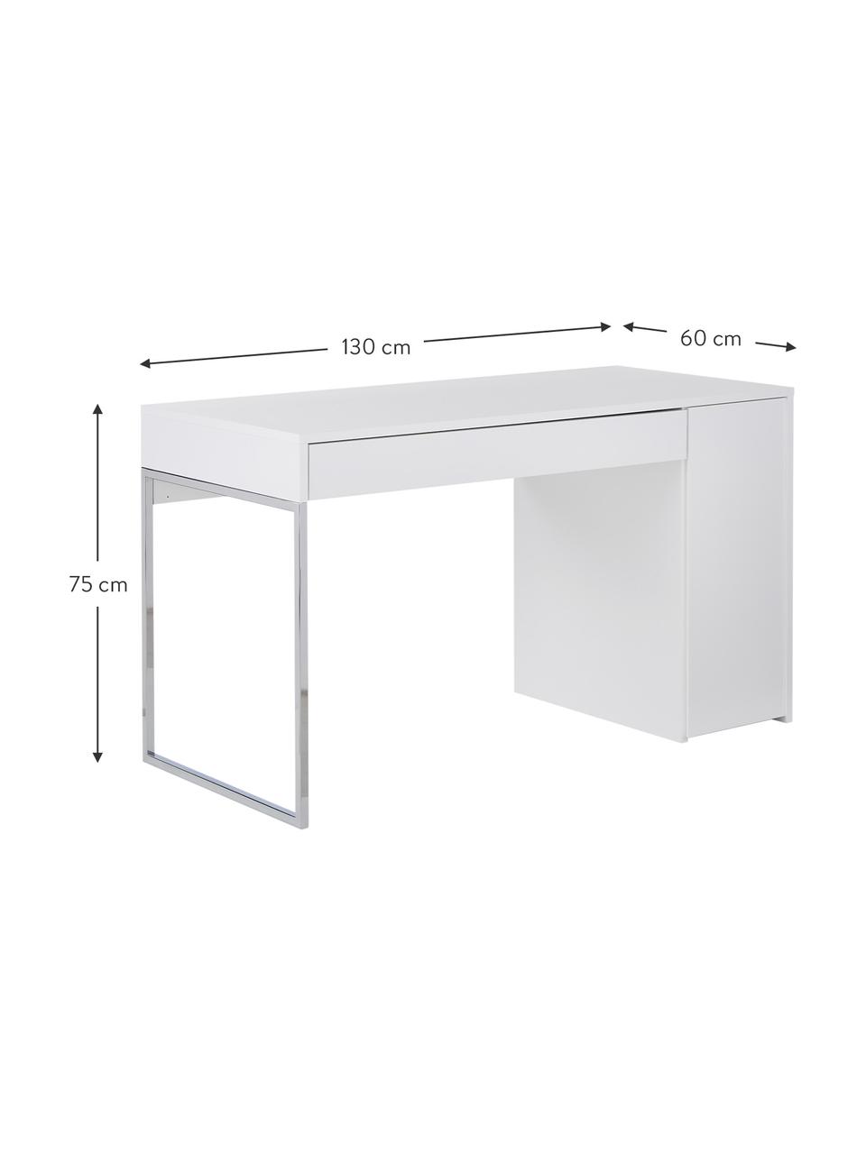 Bureau Tiago in wit, Frame: fibreboard, spaanplaat, g, Poten: verchroomd metaal, Mat wit. Poten: verchroomd metaalkleurig, 130 x 75 cm