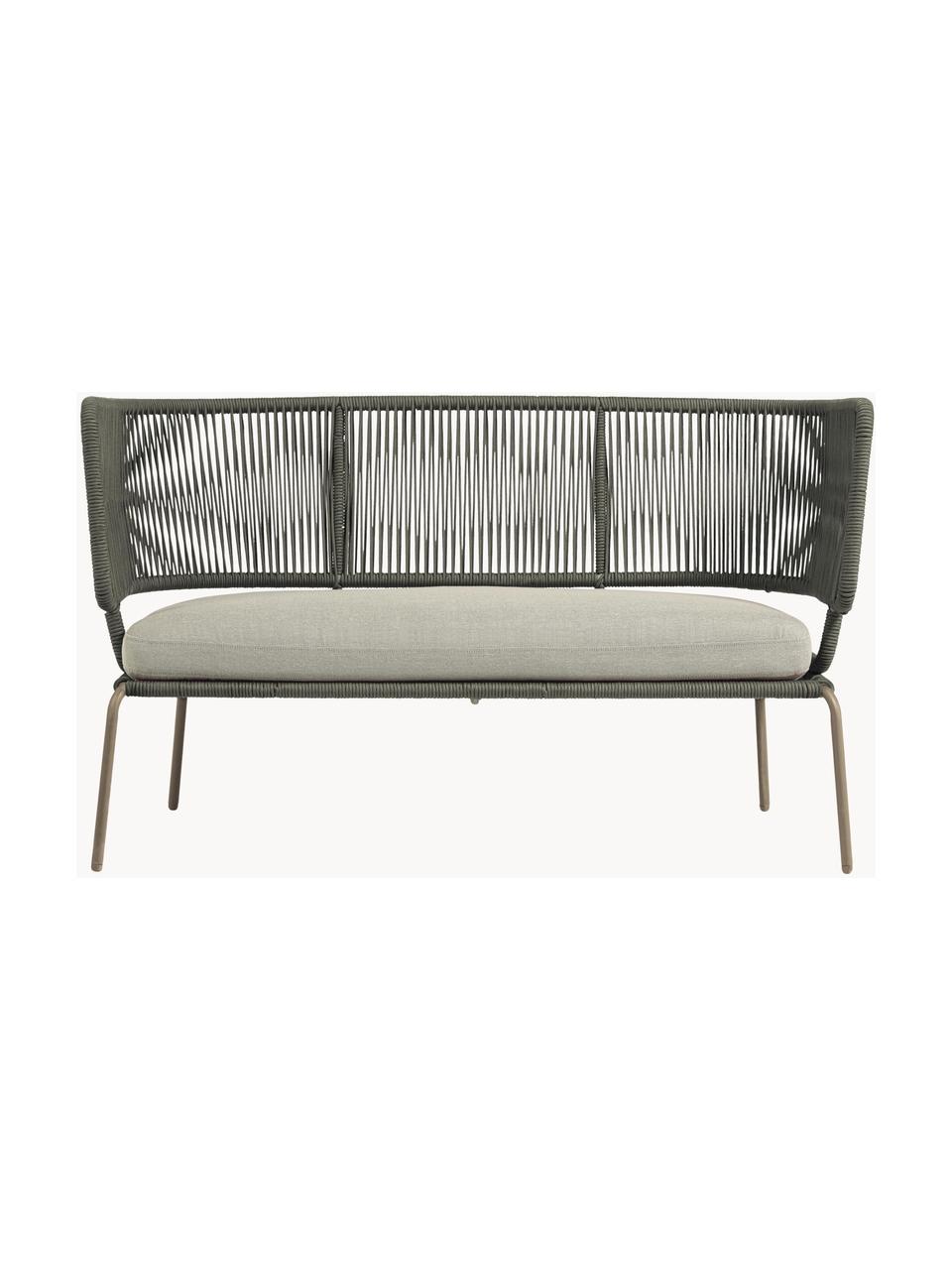 Sofa ogrodowa z plecionym sznurkiem Nadin (2-osobowa), Stelaż: metal ocynkowany i lakier, Tapicerka: poliester, Jasnobeżowa tkanina, oliwkowy zielony, S 135 x G 65 cm