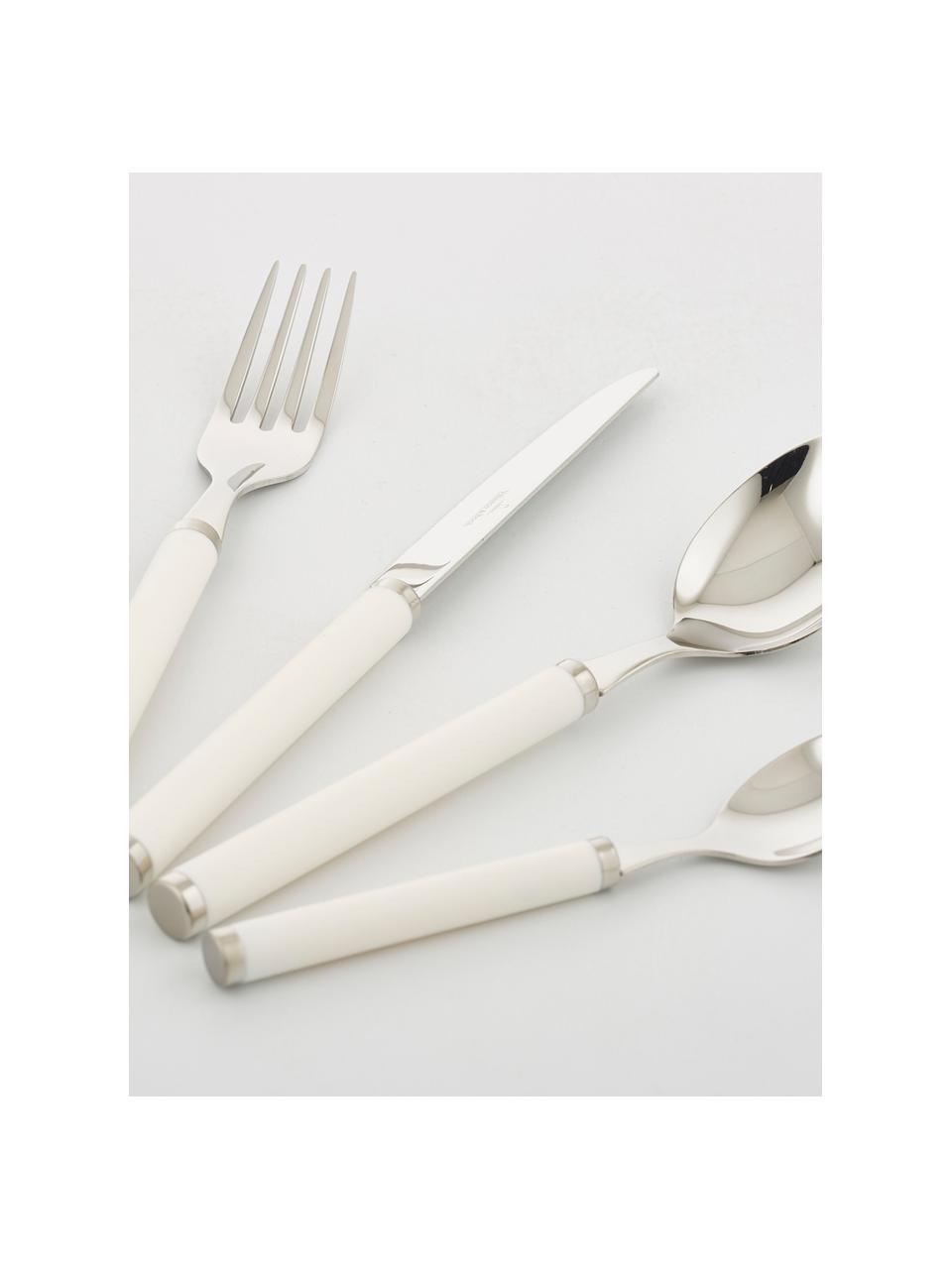 Ménagère design white pearl argent Play!, 6 personnes (24 élém.), Acier inoxydable 18/10, plastique

Les couverts sont fabriqués en acier inoxydable. Ils ont donc une longue durée de vie, ne rouillent pas et résistent aux bactéries. De plus, ils passent au lave-vaisselle, ne perdent pas leur couleur, sont faciles à entretenir, neutres au goût et résistants aux acides, Couleur argentée, blanc, Lot de différentes tailles