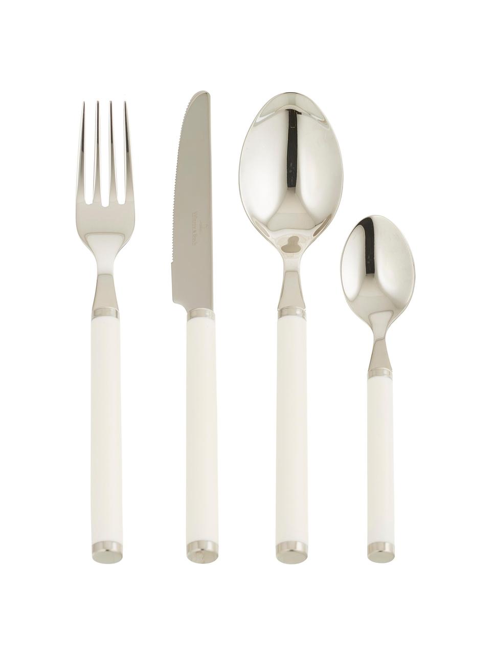 Ménagère design white pearl argent Play!, 6 personnes (24 élém.), Acier inoxydable 18/10, plastique

Les couverts sont fabriqués en acier inoxydable. Ils ont donc une longue durée de vie, ne rouillent pas et résistent aux bactéries. De plus, ils passent au lave-vaisselle, ne perdent pas leur couleur, sont faciles à entretenir, neutres au goût et résistants aux acides, Couleur argentée, blanc, Lot de différentes tailles