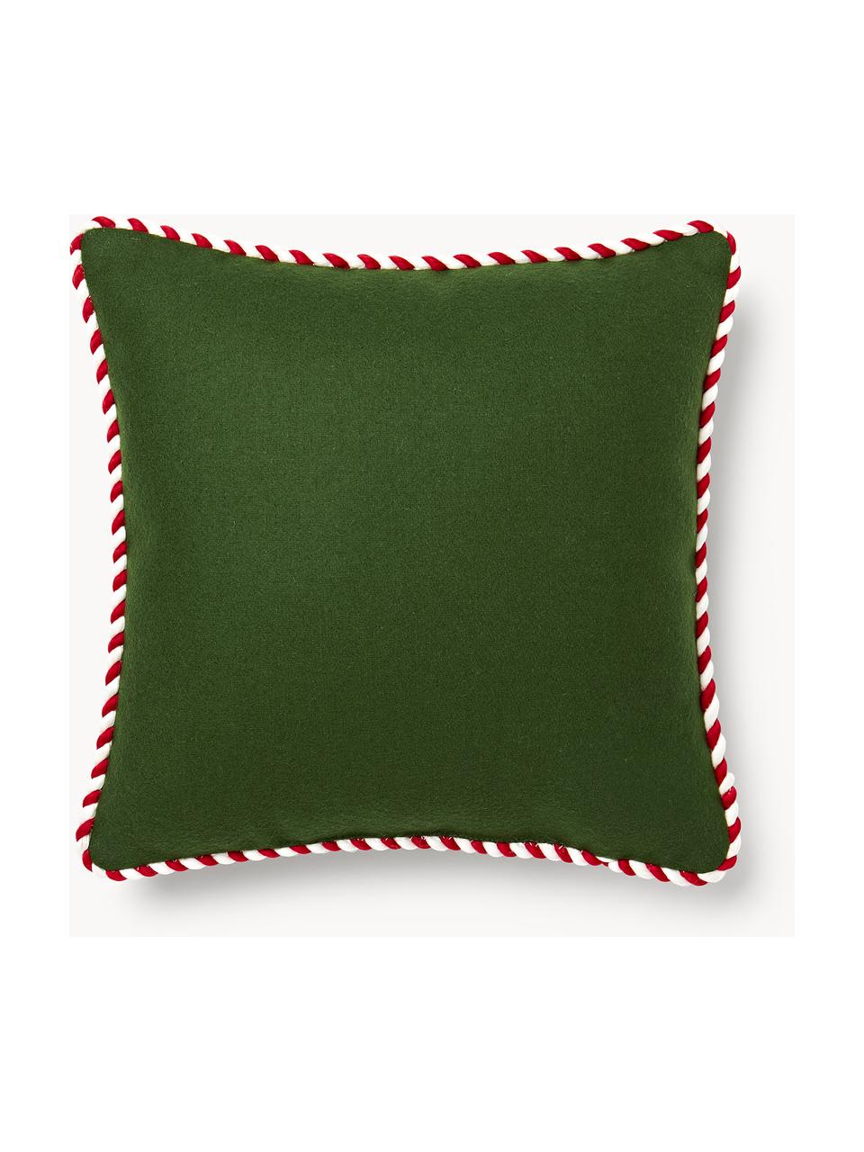 Coussin décoratif en laine avec motif hivernal Jova, Vert foncé, blanc, rouge, larg. 33 x long. 33 cm