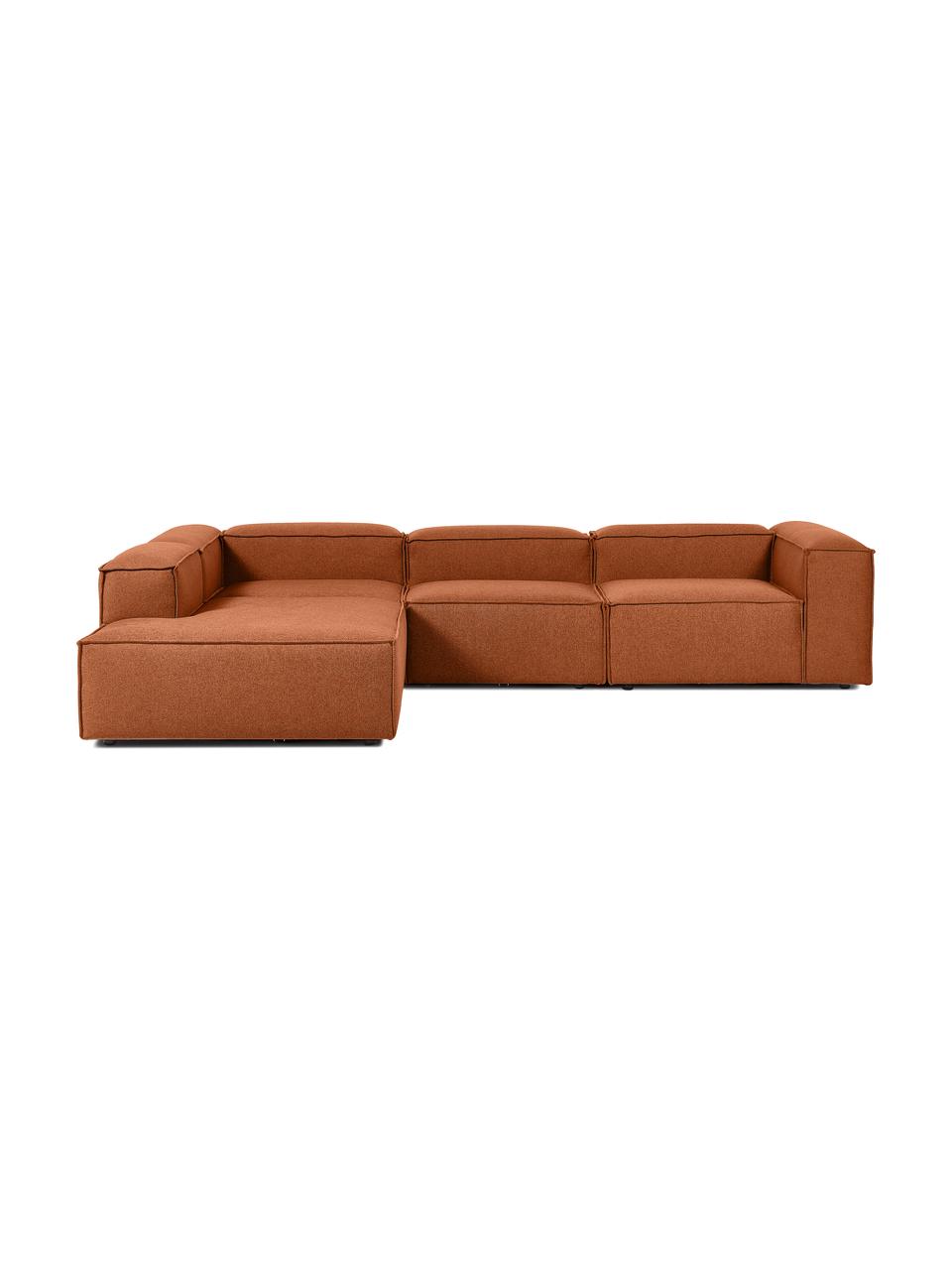 Divano angolare componibile XL Lennon, Rivestimento: 100% poliestere Con 115.0, Struttura: legno di pino massiccio, , Piedini: plastica, Tessuto color terracotta, Larg. 329 x Alt. 68 cm, chaise-longue a destra
