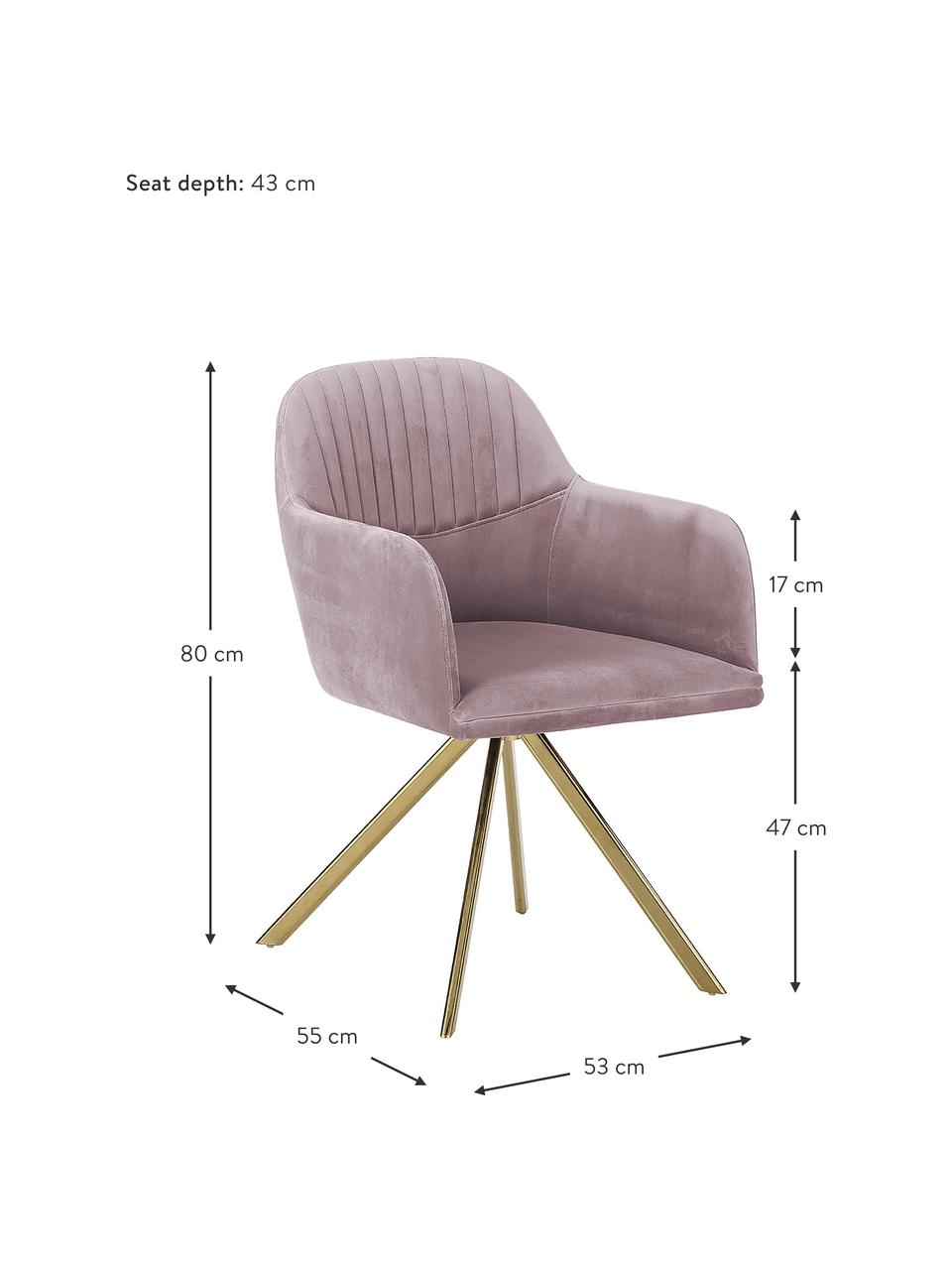 Silla giratoria con reposabrazos de terciopelo Lola, Tapizado: terciopelo de poliéster A, Patas: metal galvanizado, Terciopelo malva, patas dorado, An 58 x F 53 cm