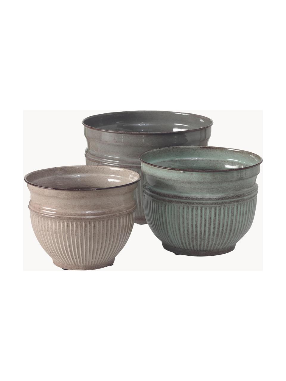 Cache-pot métal finition antiquaire Floretta, 3 élém., Métal, revêtement par poudre, Beige, gris, vert sauge, Lot de différentes tailles