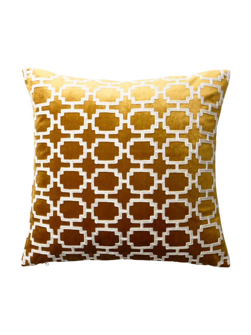 Housse de coussin 43x43 velours brodé jaune moutarde Simone, Jaune moutarde, blanc cassé