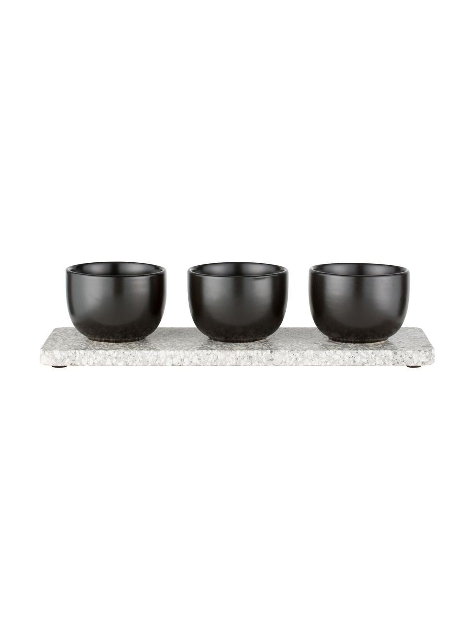 Set de cuencos artesanales Tessia, 4 pzas., Cuencos: cerámico, Bandeja: piedra de terrazo, Negro, blanco, gris, L 30 x An 10 cm
