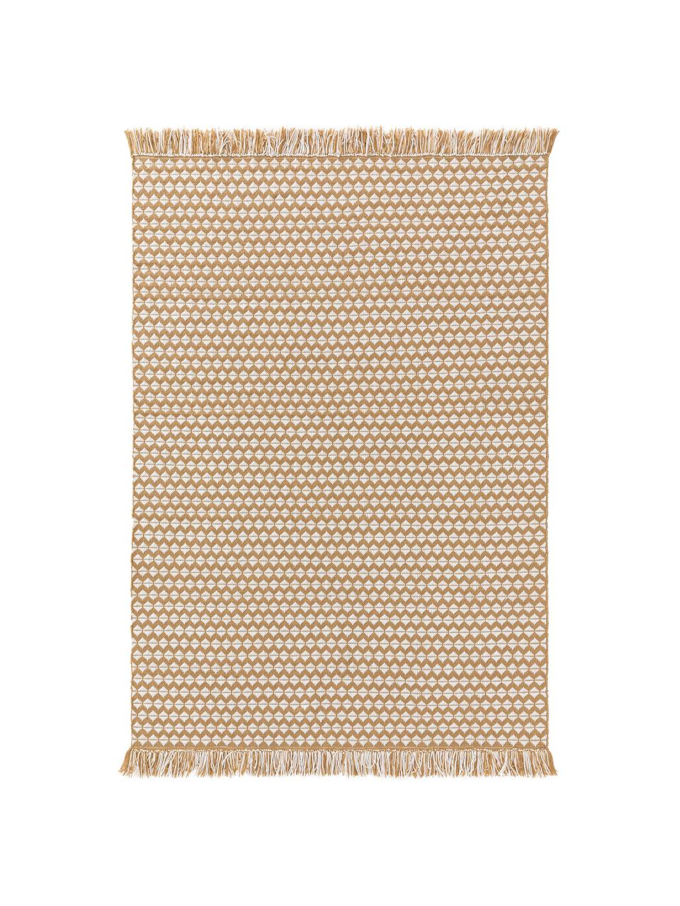 Vnitřní a venkovní koberec s etno vzorem a třásněmi Morty, 100 % polyester (recyklovaný PET), Žlutá, tlumeně bílá, Š 200 cm, D 300 cm (velikost L)