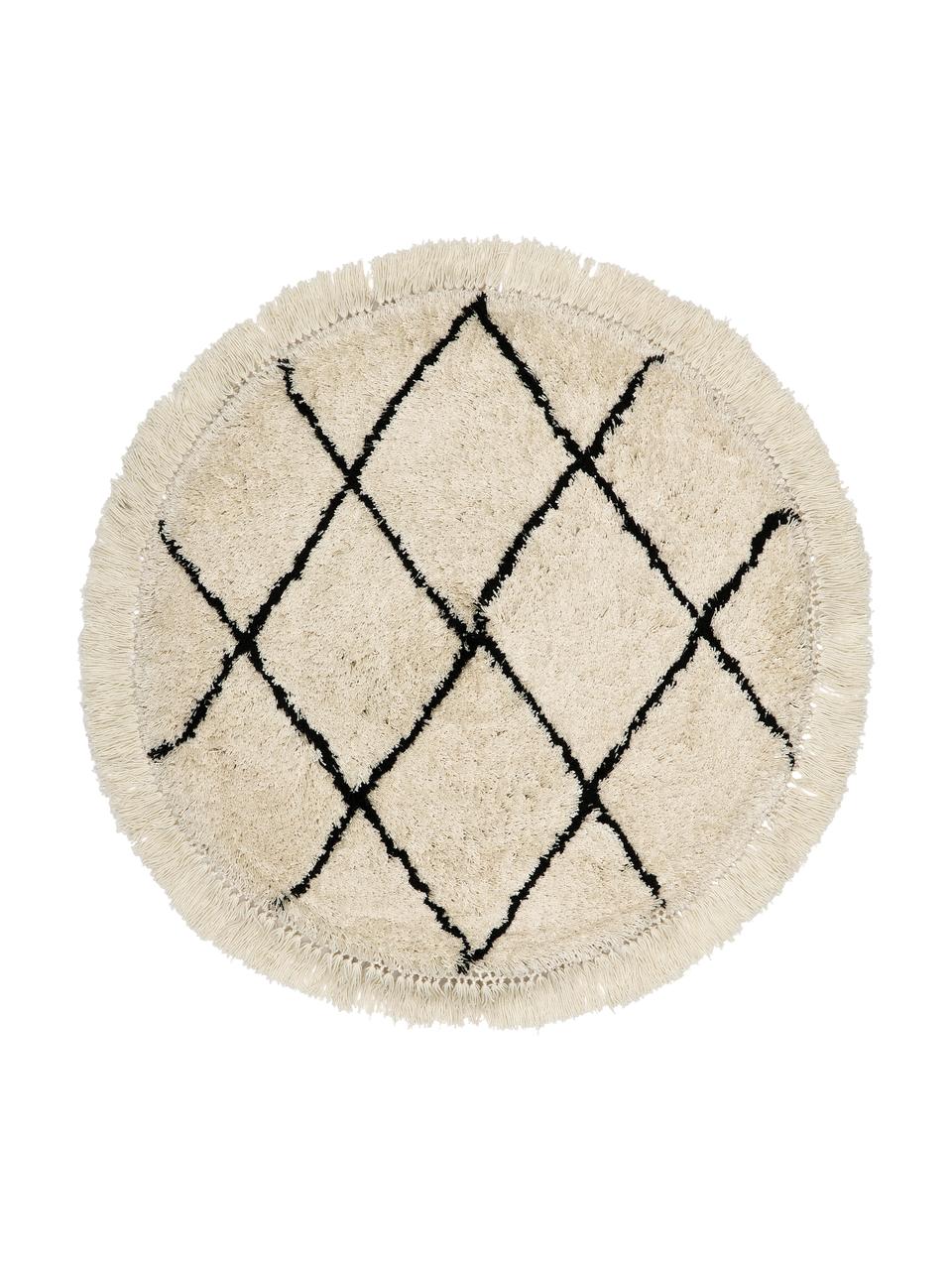 Ručně všívaný nadýchaný kulatý koberec s vysokým vlasem a třásněmi Naima, Krémově bílá, černá, Ø 120 cm (velikost S)
