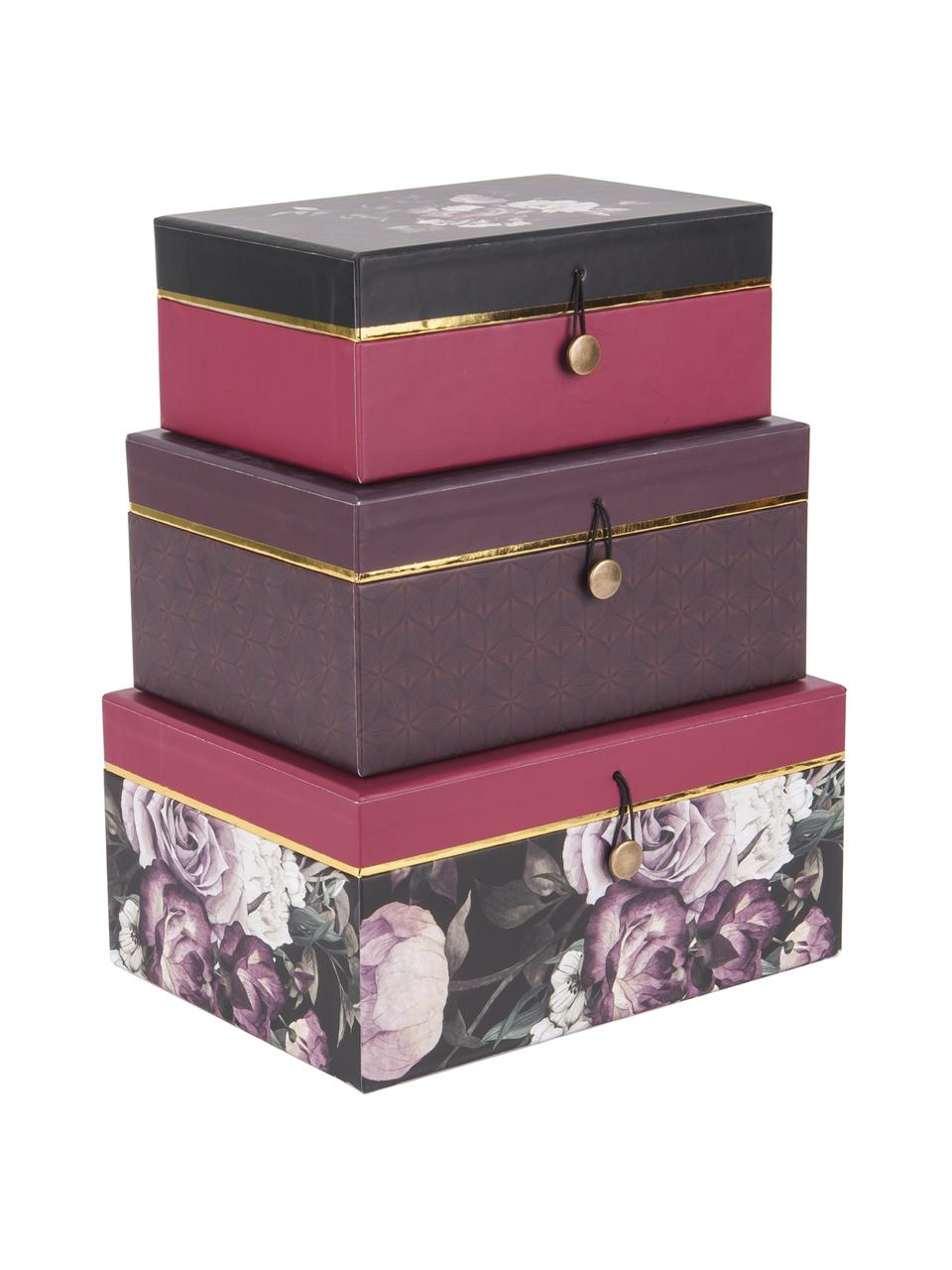 Geschenkboxen-Set Flowers, 3-tlg., Papier, Lila, Pink, Set mit verschiedenen Grössen