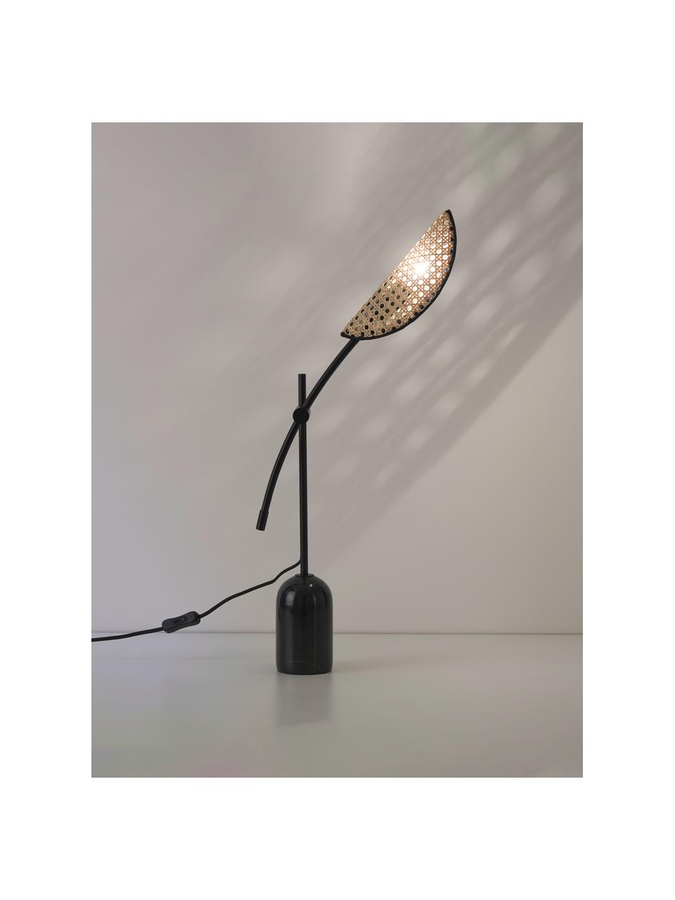 Lampada da tavolo con intreccio viennese Freja, Struttura: metallo verniciato a polv, Paralume: tessuto in rattan, Base della lampada: marmo, Nero, marrone chiaro, Larg. 56 x Alt. 45 cm