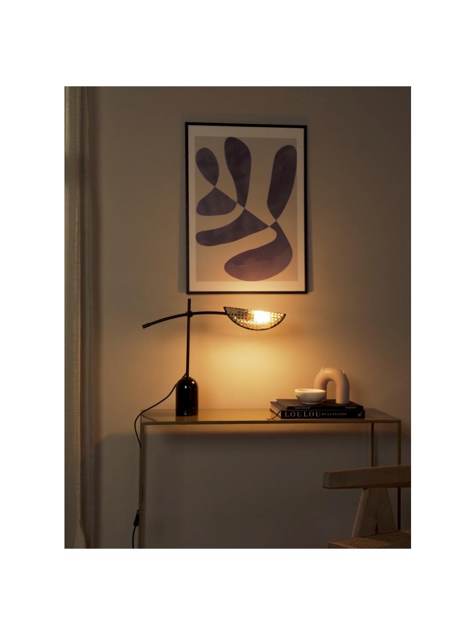 Lampada da tavolo con intreccio viennese Freja, Struttura: metallo verniciato a polv, Paralume: tessuto in rattan, Base della lampada: marmo, Nero, marrone chiaro, Larg. 56 x Alt. 45 cm