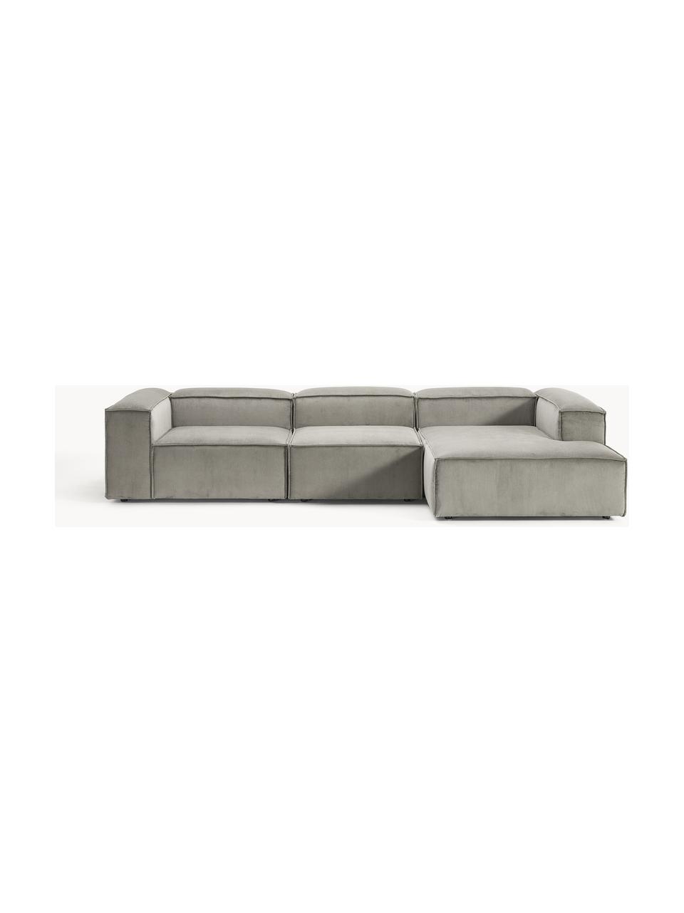 Sofá rinconera modular de pana Lennon, Tapizado: pana (92% poliéster, 8% p, Estructura: madera de pino maciza, ma, Patas: plástico Este producto es, Pana gris, An 327 x F 180 cm, chaise longue izquierda