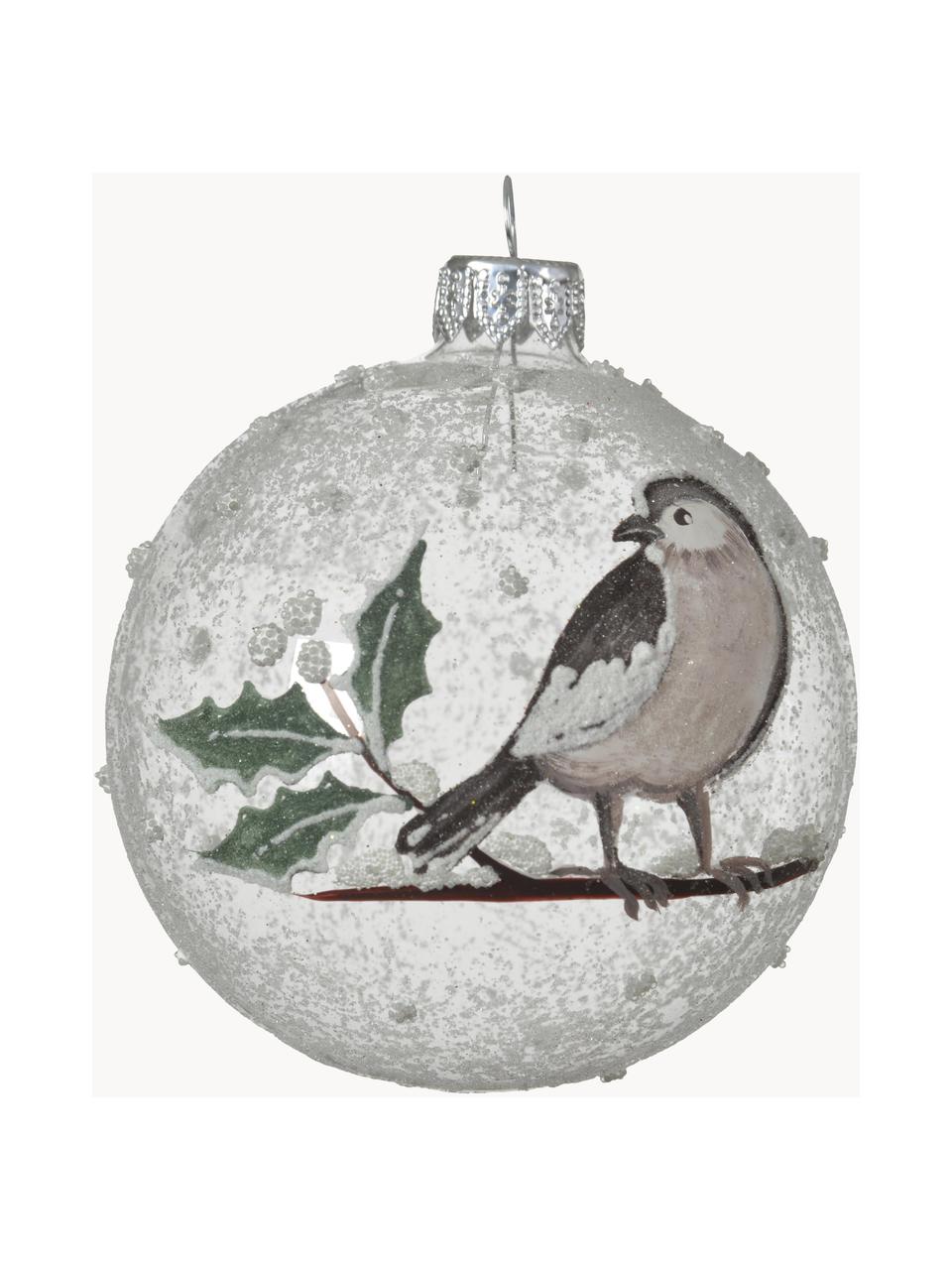 Mondgeblazen kerstballen Birdy, 6 stuks, Glas, Transparant, wit, groen, bruin, Ø 8 cm