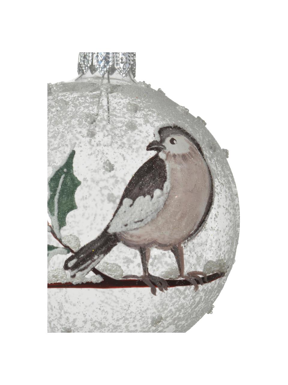 Mondgeblazen kerstballen Birdy, 6 stuks, Glas, Transparant, wit, groen, bruin, Ø 8 cm
