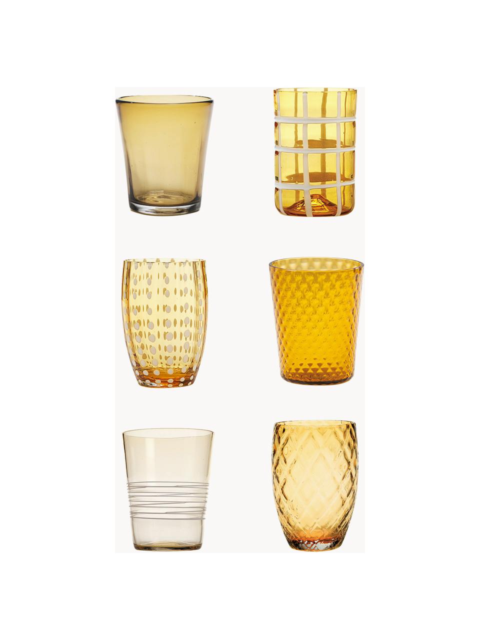 Set de vasos artesanales Melting, 6 uds., Vidrio, Ocre, transparente, Set de diferentes tamaños