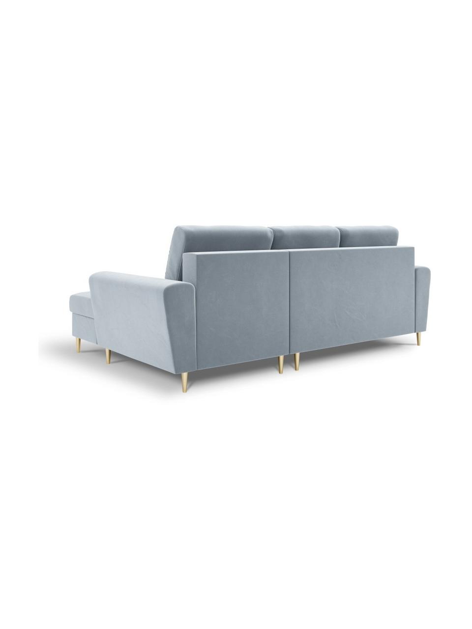 Sofá rinconera cama de terciopelo Moghan (4 plazas), con espacio de almacenamiento, Tapizado: 100% terciopelo de poliés, Estructura: madera de pino maciza, ag, Patas: metal revestido, Terciopelo azul claro, patas latón, An 241 x F 145 cm, chaise longue derecha