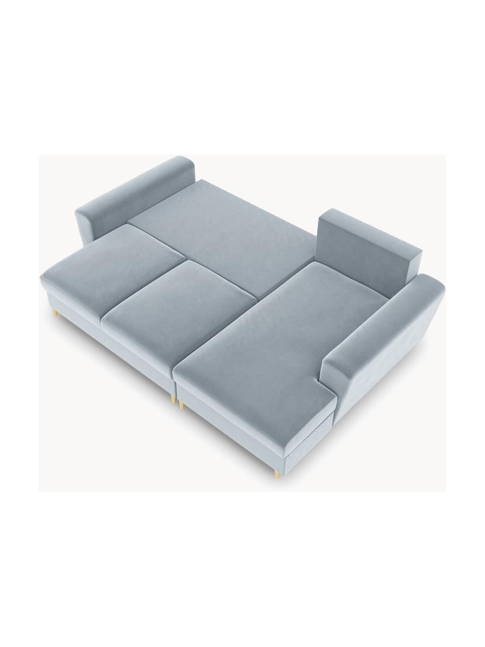 Fluwelen hoekbank Moghan (3-zits) met slaapfunctie en opbergruimte, Bekleding: 100% polyester fluweel He, Frame: massief grenenhout, spaan, Fluweel lichtblauw, messingkleurig, B 241 x D 145 cm, hoekdeel rechts