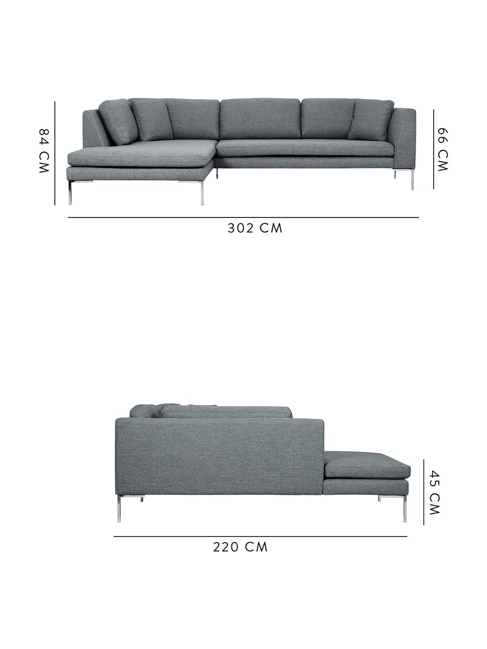 Ecksofa Emma in Grau mit Metall-Füßen, Bezug: Polyester 100.000 Scheuer, Gestell: Massives Kiefernholz, Füße: Metall, galvanisiert, Webstoff Grau, Füße Silber, B 302 x T 220 cm