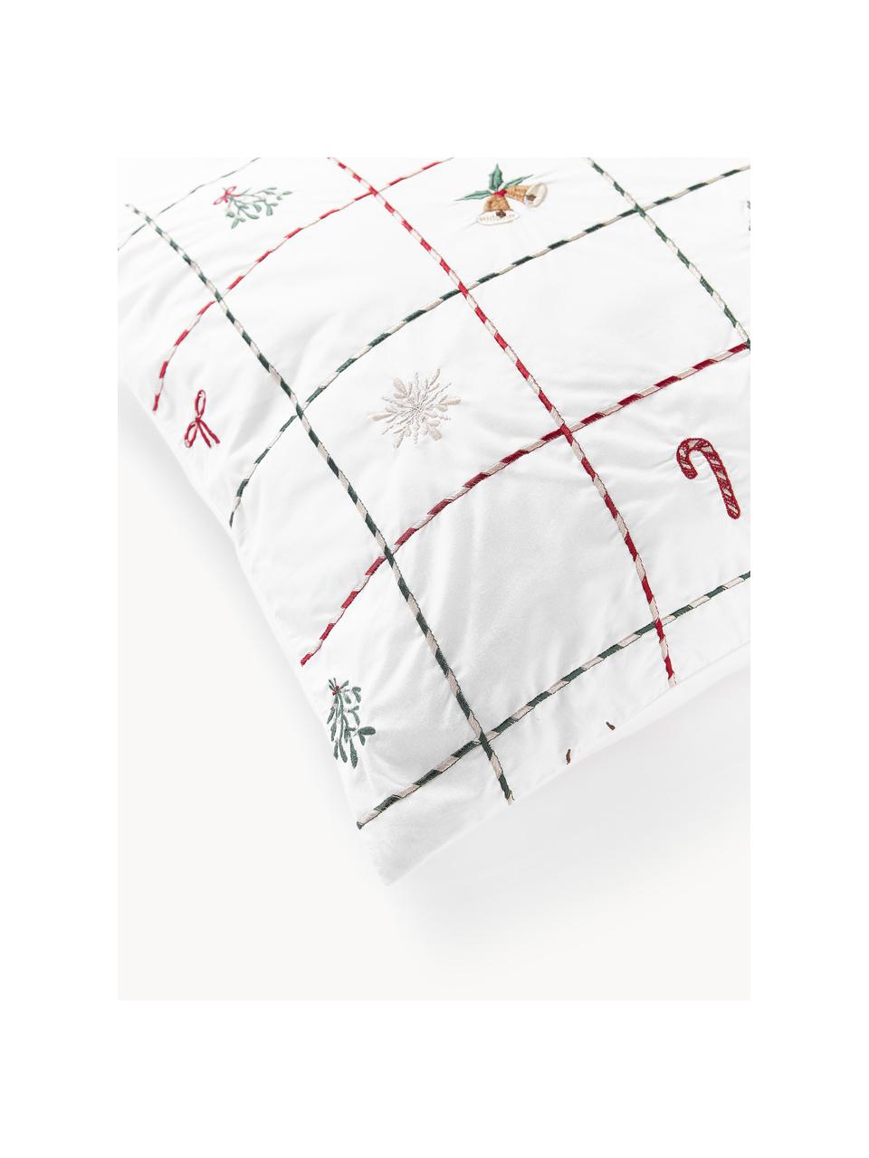 Taie d'oreiller en percale de coton avec imprimé Noël brodé Rudy, Blanc, multicolore, larg. 50 x long. 70 cm