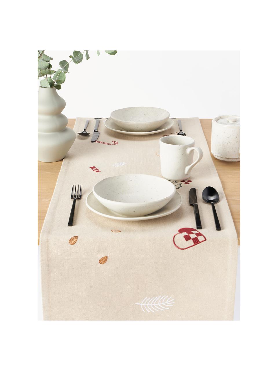 Chemin de table en coton Bomuld, 100% coton, Beige clair, rouge, larg. 40 x long. 140 cm