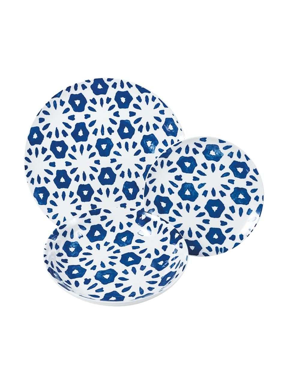 Gemustertes Geschirr-Set Bodrum in Blau/Weiß, 6 Personen (18-tlg.), Porzellan, Blau, Weiß, Set mit verschiedenen Größen