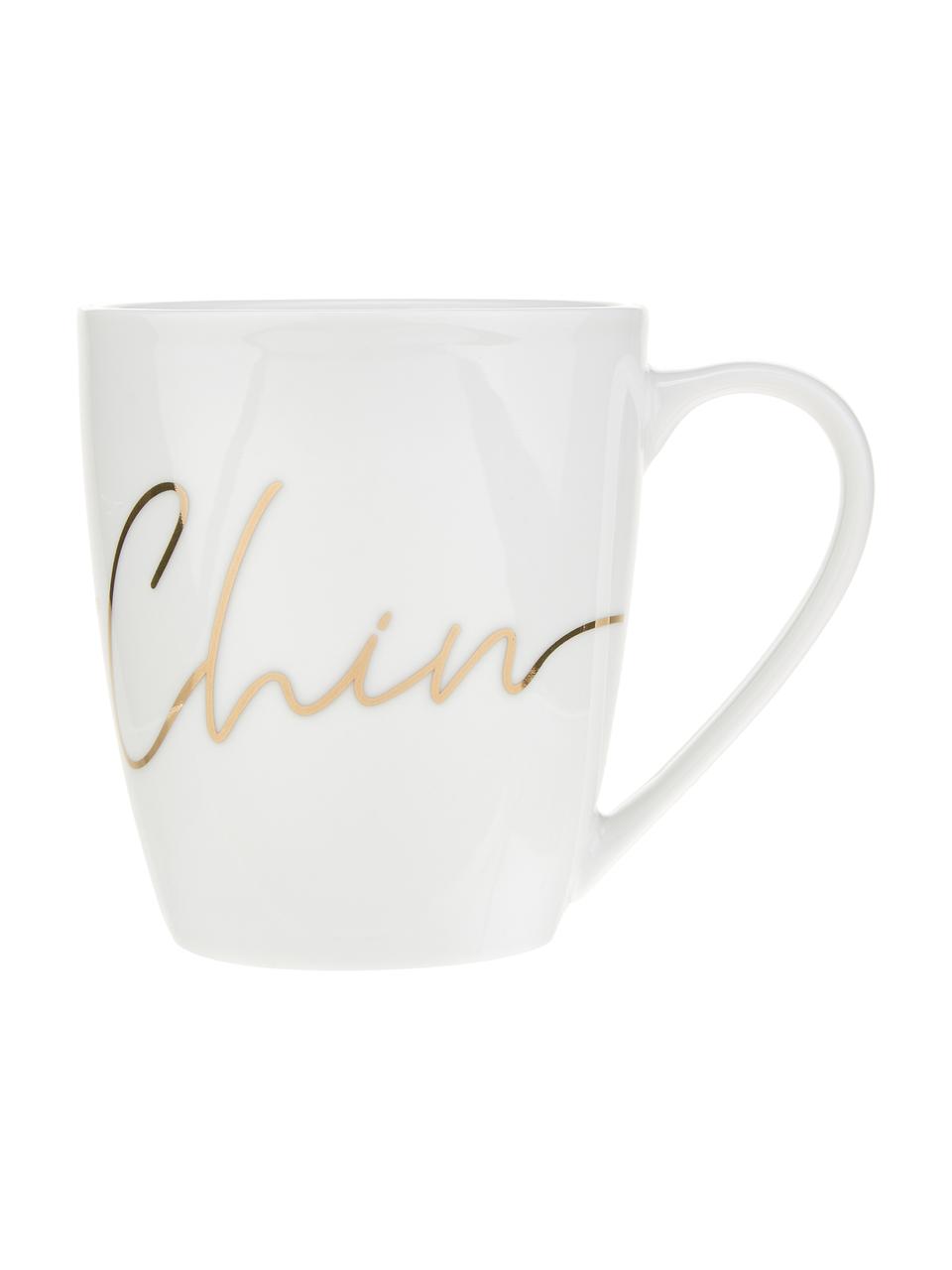 Tazas de porcelana Cheers, 4 uds., Porcelana, Blanco, latón brillante, Ø 9 x Al 10 cm, 380 ml