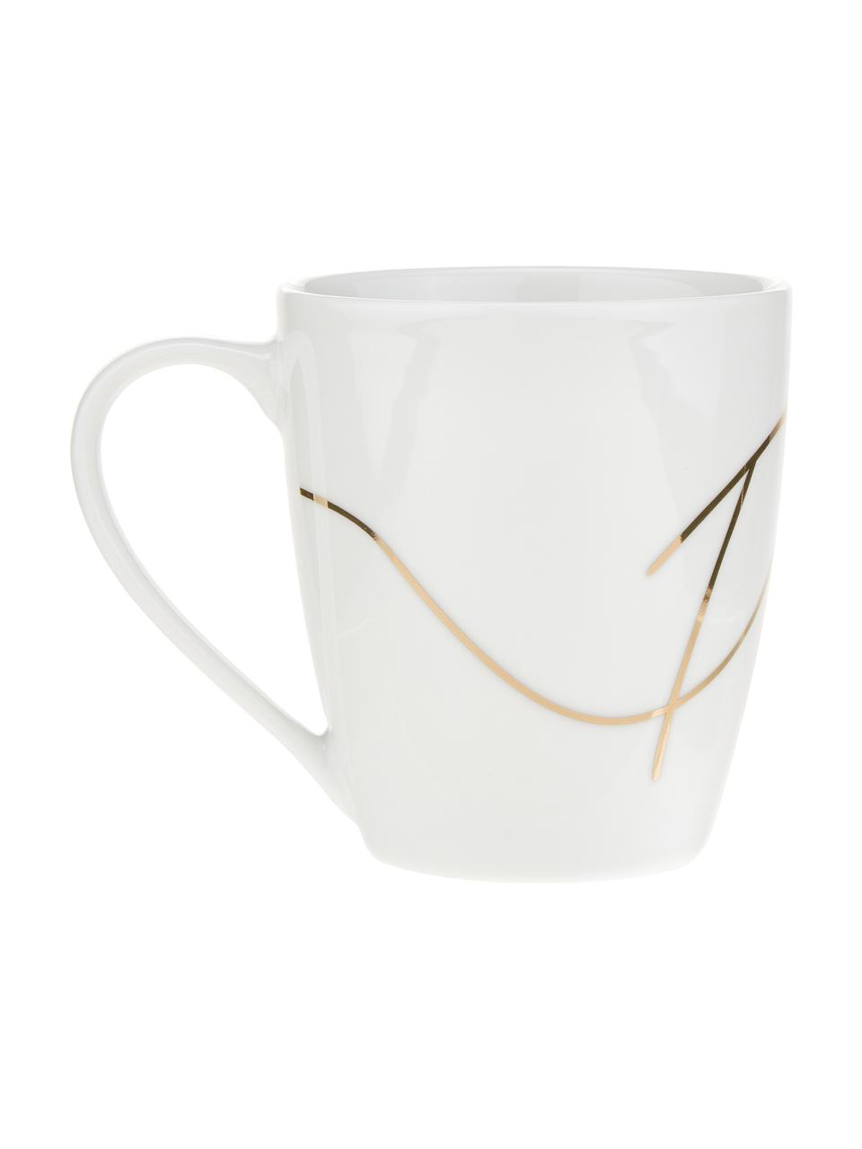 Komplet filiżanek z porcelany Cheers, 4 elem., Porcelana, Biały, odcienie złotego, Ø 9 x W 10 cm, 380 ml