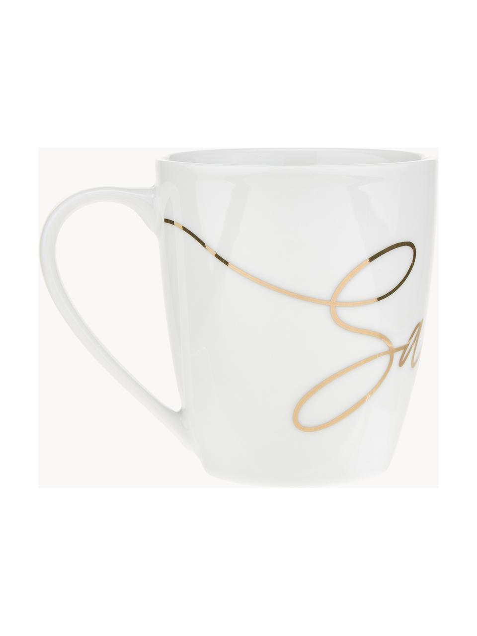 Set de tazas de porcelana Cheers, 4 uds., Porcelana, Blanco, dorado, Ø 9 x Al 10 cm, 380 ml