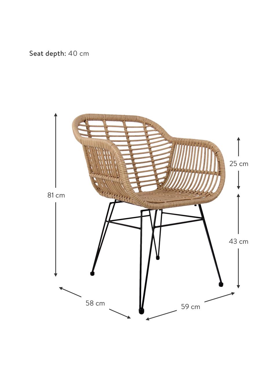 Polyratanové židle s područkami Costa, 2 ks, Světle hnědá, černá, Š 59 cm, H 58 cm