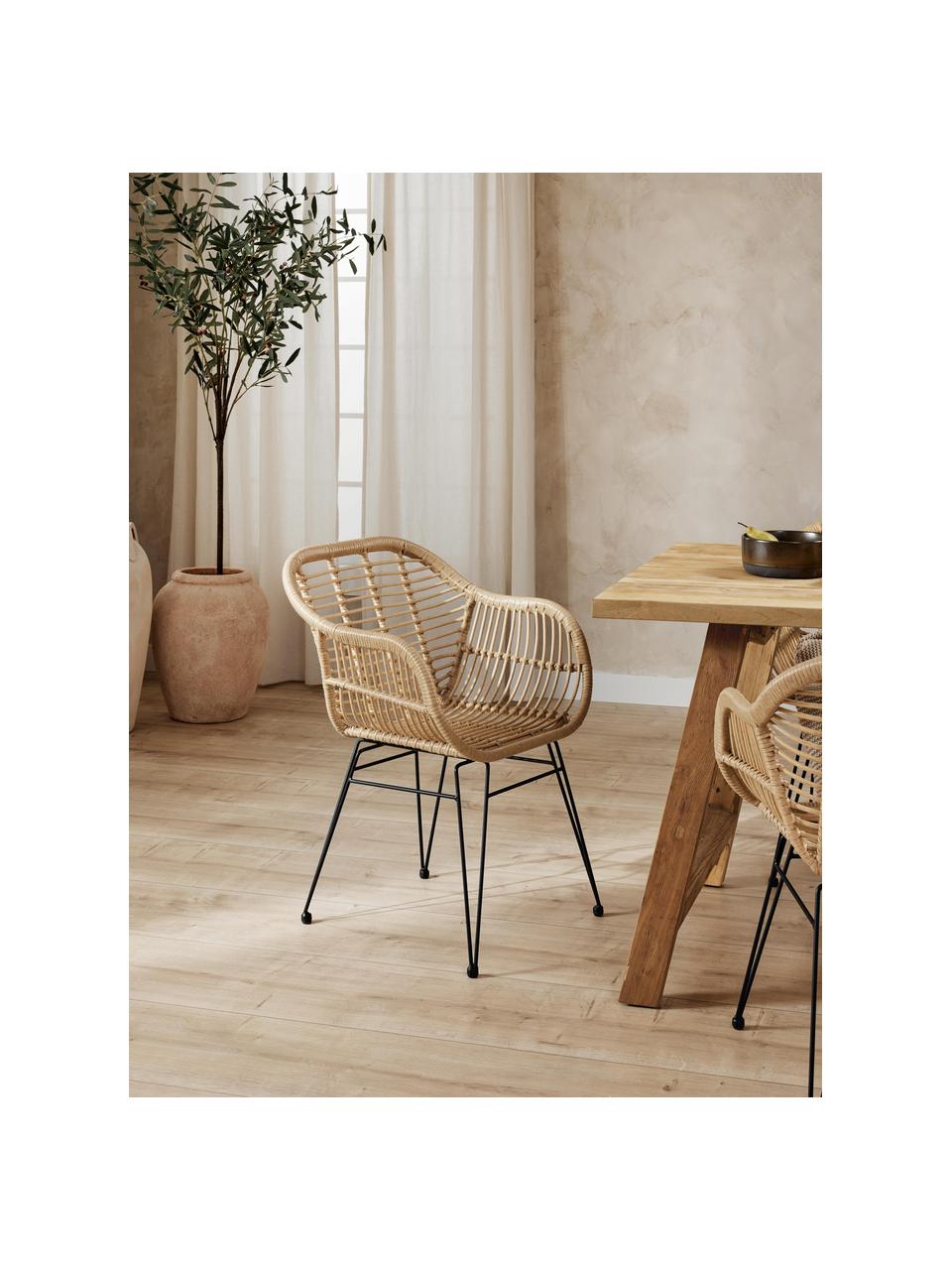Polyrotan armstoelen Costa, 2 stuks, Zitvlak: polyethyleen vlechtwerk, Frame: gepoedercoat metaal, Lichtbruin, zwart, B 59 x D 58 cm