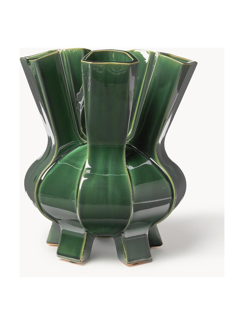Vaso in porcellana di design Puyi, alt. 34 cm, Porcellana smaltata, Verde scuro, Ø 29 x Alt. 34 cm