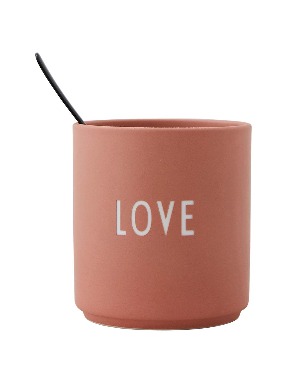 Tazzasenza manico di design con scritta Favourite LOVE, Fine Bone China (porcellana)
Fine bone china è una porcellana a pasta morbida particolarmente caratterizzata dalla sua lucentezza radiosa e traslucida, Terracotta (Love), Ø 8 x Alt. 9 cm, 250 ml