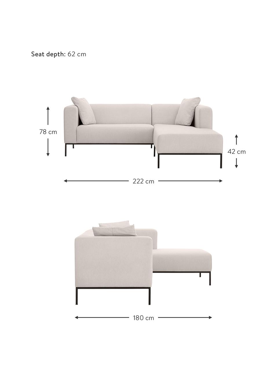 Ecksofa Carrie mit Metall-Füssen, Bezug: Polyester 50.000 Scheuert, Gestell: Spanholz, Hartfaserplatte, Webstoff Hellgrau, B 222 x T 180 cm, Eckteil rechts