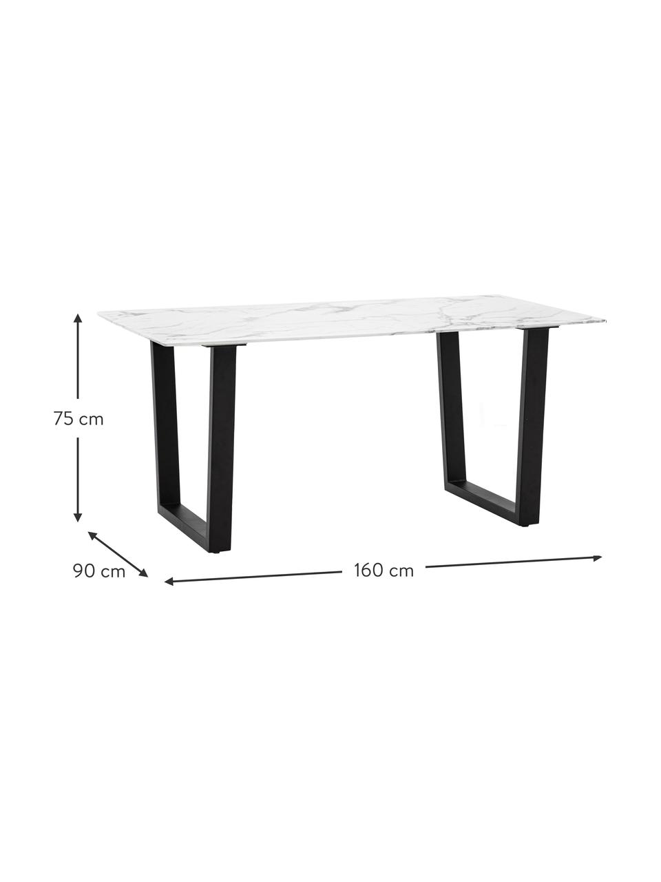 Mesa de comedor Davidson, tablero de vidrio en aspecto mármol, 160 x 90 cm, Tablero: vidrio tintado negro, Patas: metal recubierto, Aspecto mármol blanco, negro, An 160 x F 90 cm