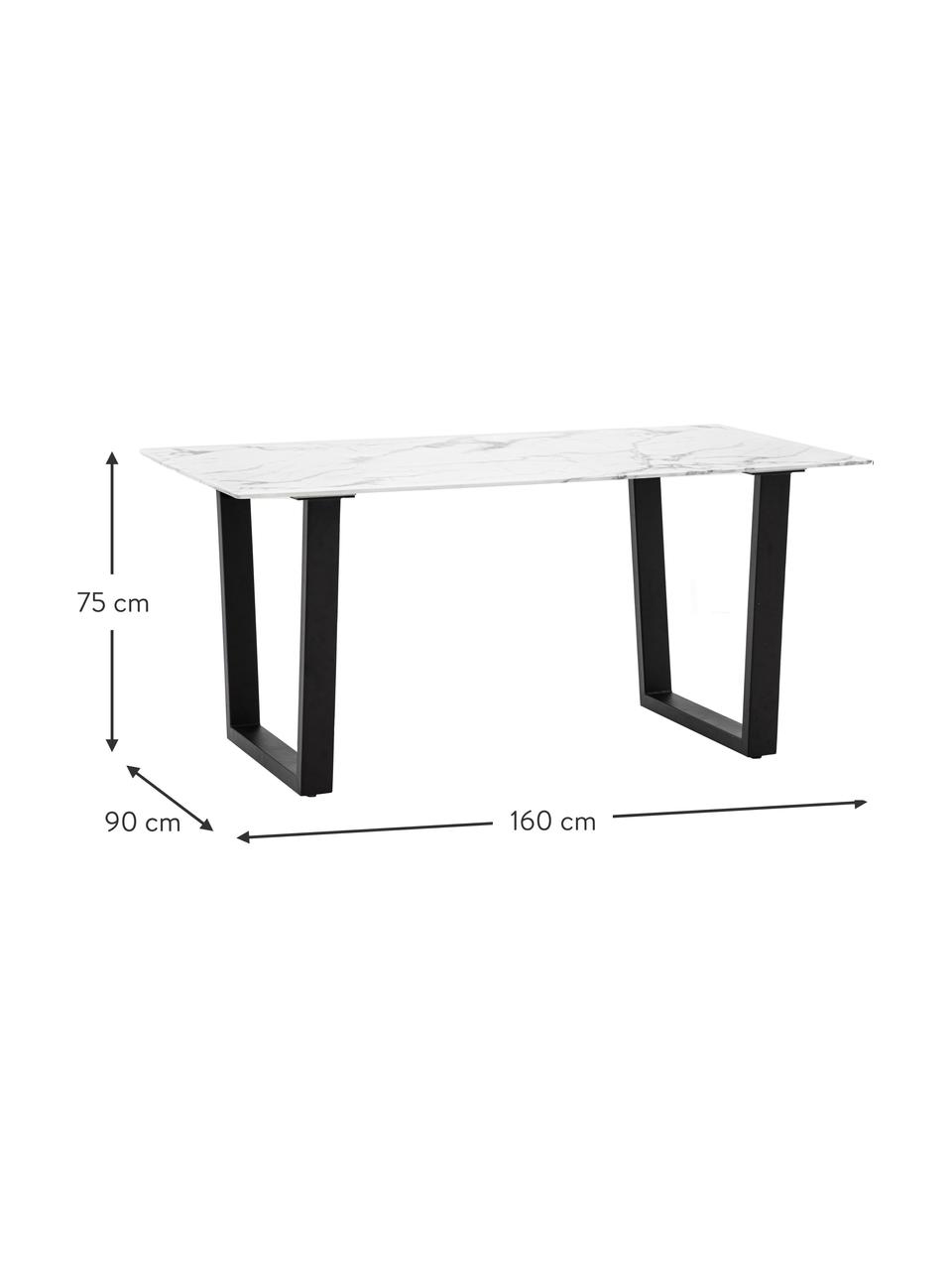 Tavolo con piano in vetro effetto marmo Davidson, 160 x 90 cm, Gambe: metallo rivestito, Bianco effetto marmo. nero, Larg. 160 x Prof. 90 cm