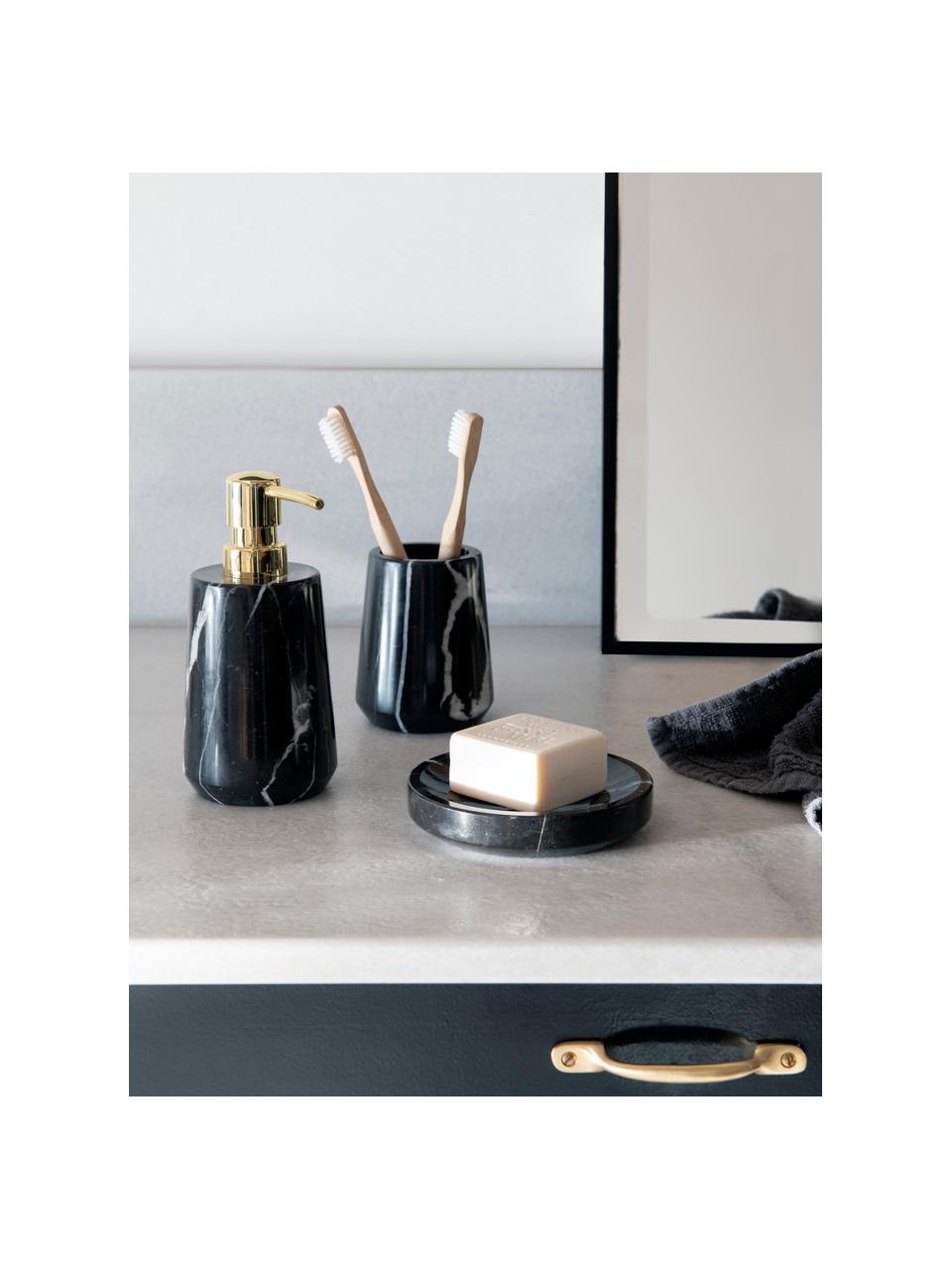 Dispenser sapone in marmo Lux, Contenitore: marmo, Testa della pompa: plastica, Nero marmorizzato, dorato, Ø 8 x Alt. 17 cm