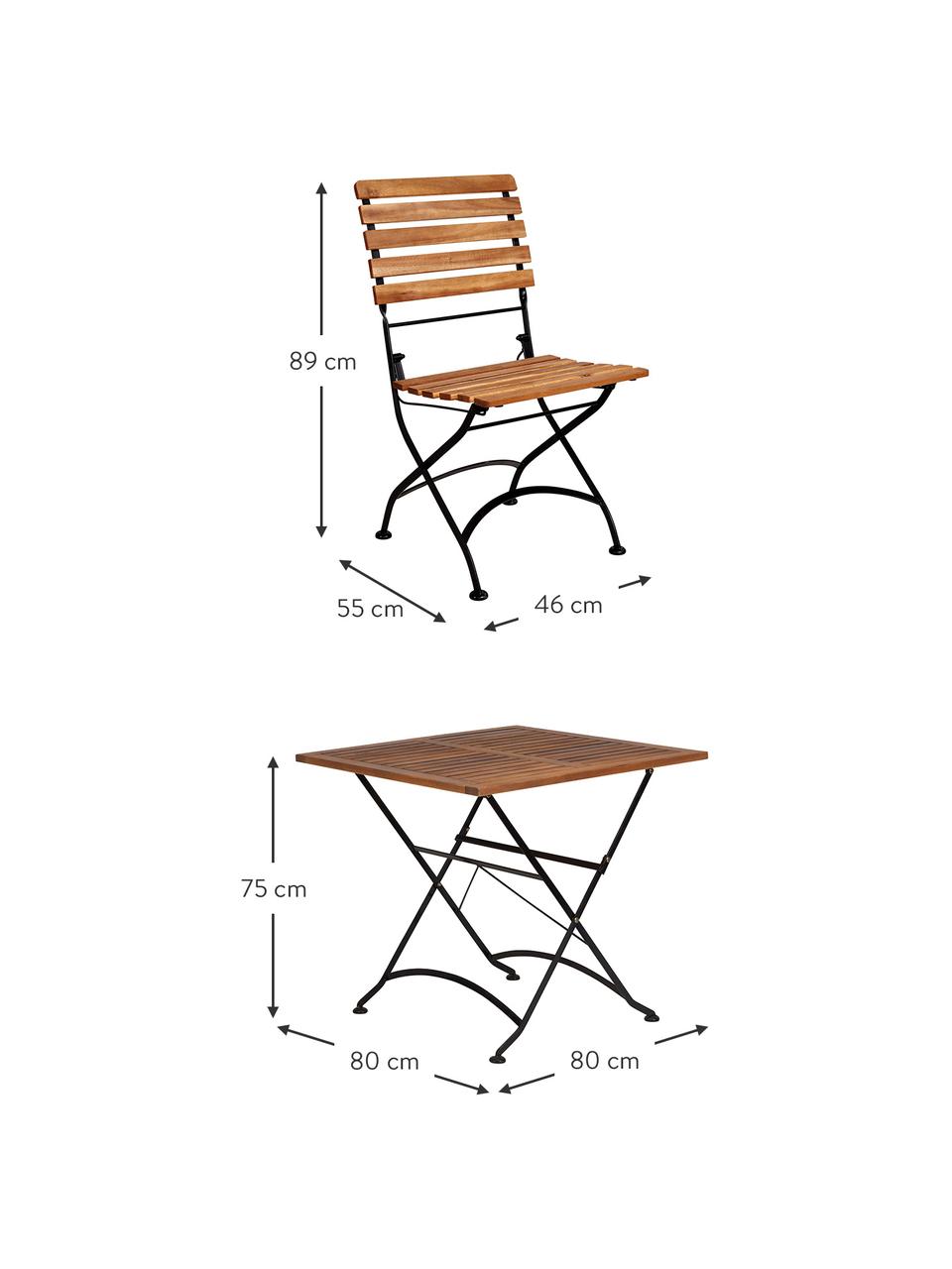 Set de balcón Parklife, 3 pzas., Estructura: metal galvanizado y con p, Negro, madera de acacia, Set de diferentes tamaños