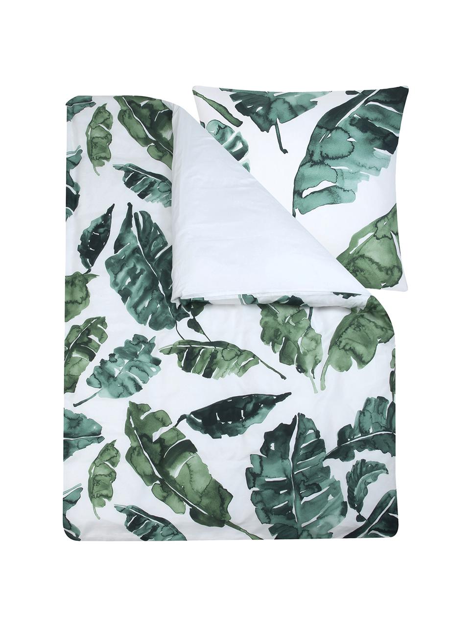 Povlečení z bavlněného saténu s motivem listů Lou, Bílá, zelená, 200 x 200 cm + 2 polštáře 80 x 80 cm