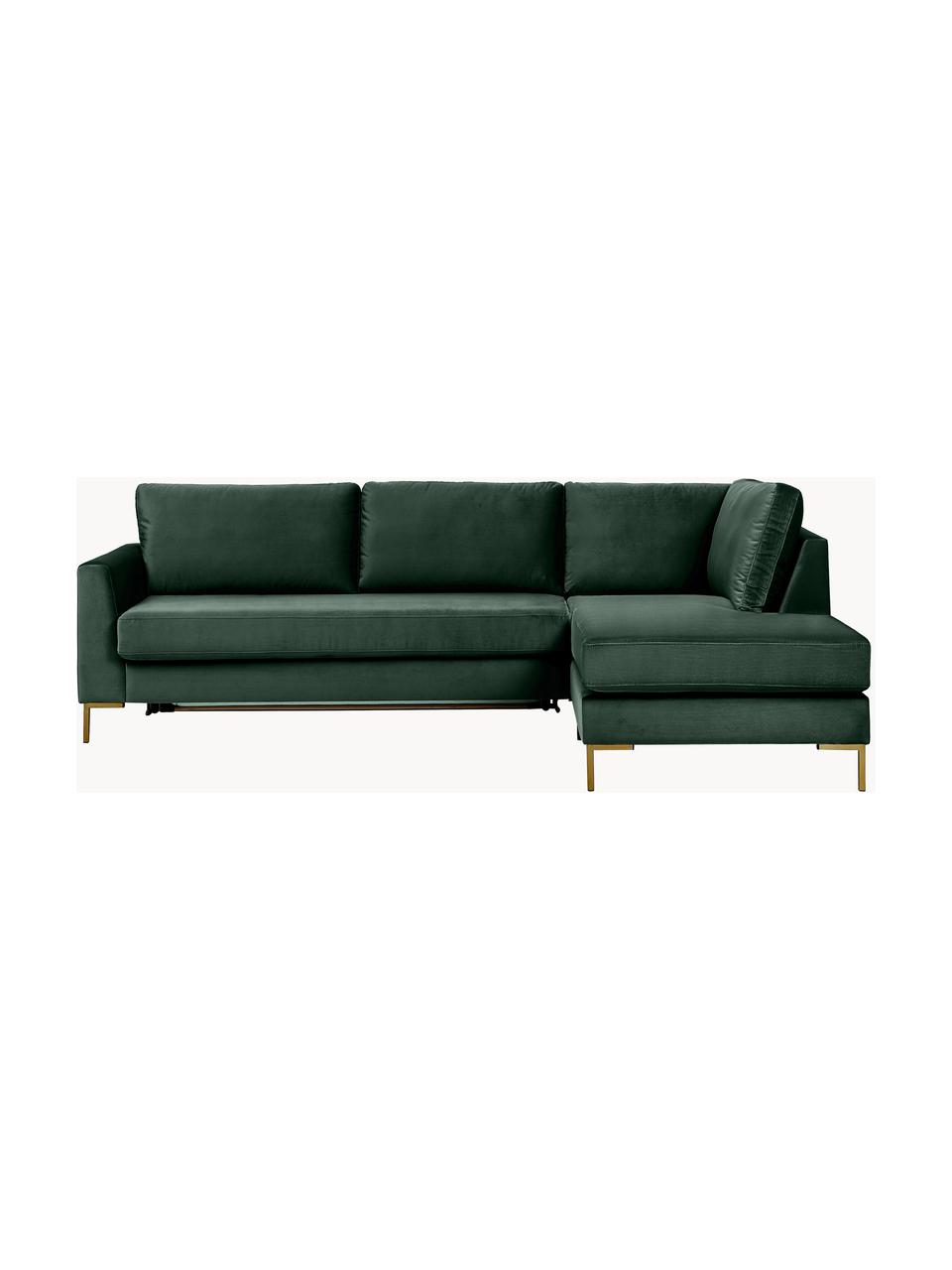 Divano letto 3 posti in velluto con materasso Luna, Rivestimento: 100% poliestere Il rivest, Struttura: legno massiccio di faggio, Velluto verde scuro, Larg. 270 x Prof. 184 cm, chaise-longue a sinistra