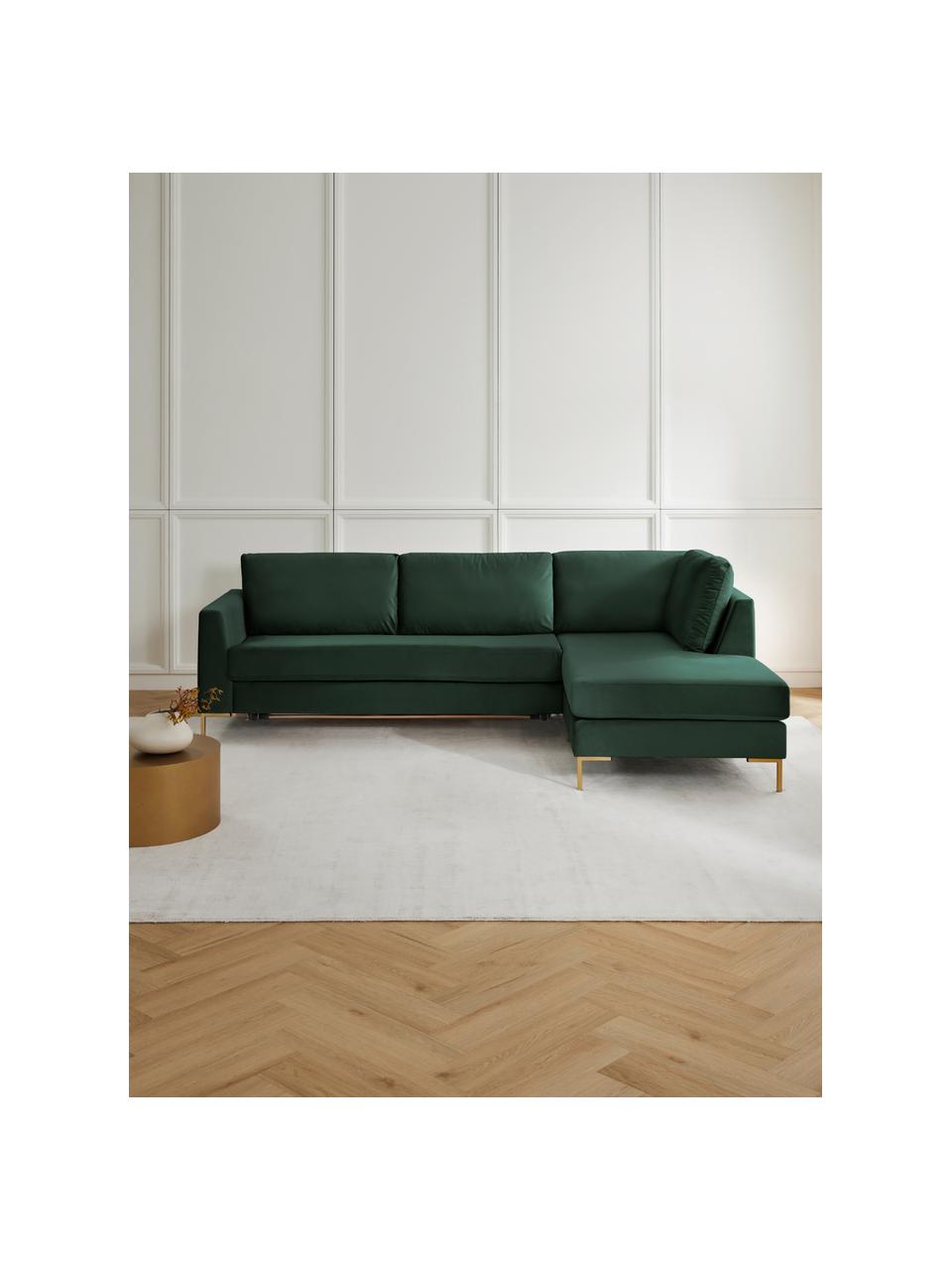 Samt-Schlafsofa Luna (3-Sitzer) mit Matratze, Bezug: Samt (100 % Polyester) De, Gestell: Massives Buchenholz, Schi, Samt Dunkelgrün, B 270 x T 184 cm, Eckteil links