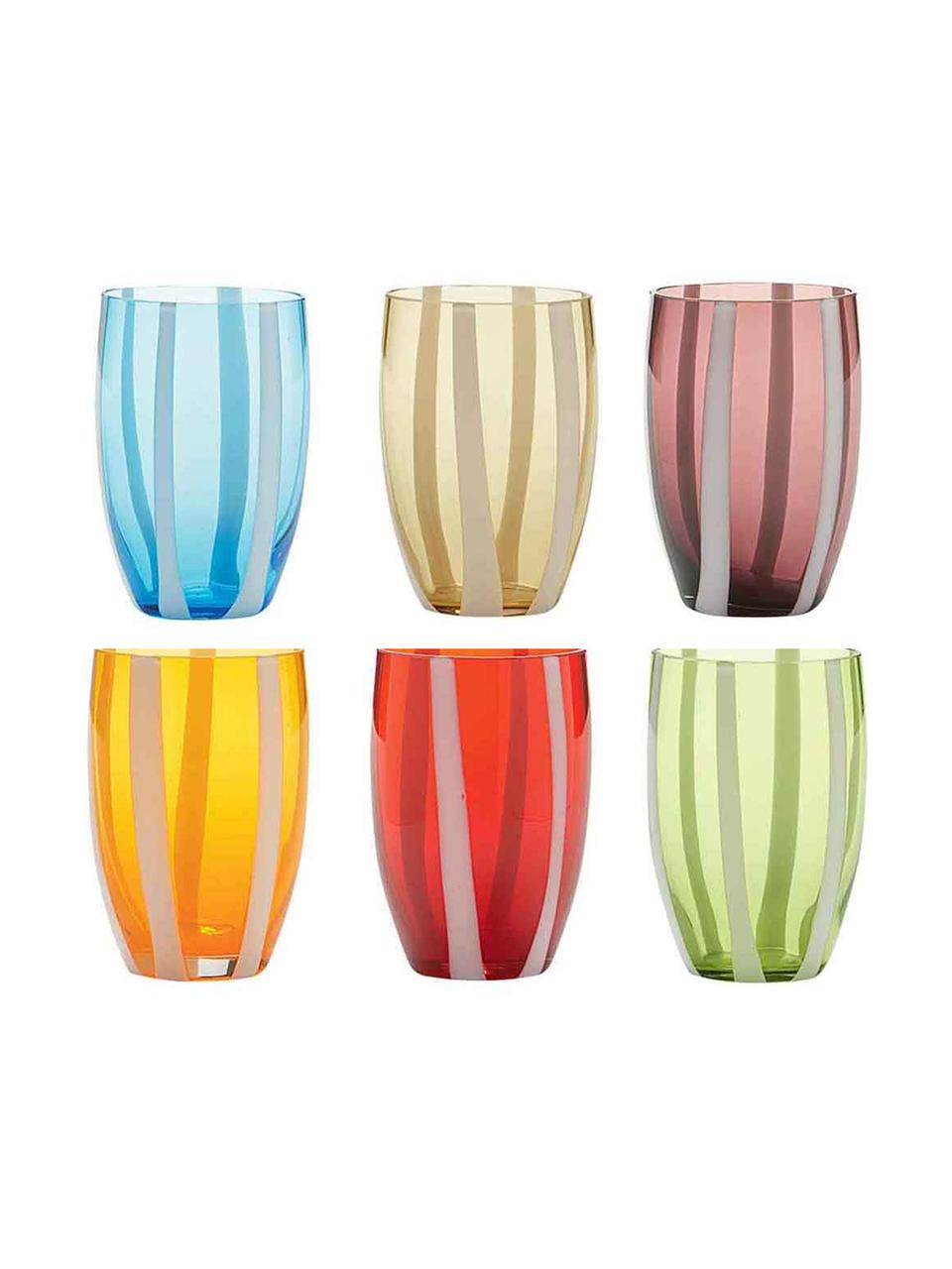 Mondgeblazen waterglazen Gessato in kleur, 6-delig, Glas, Wit, aqua, amberkleurig, pastelpaars, oranje, rood, groen, Ø 7 x H 11 cm