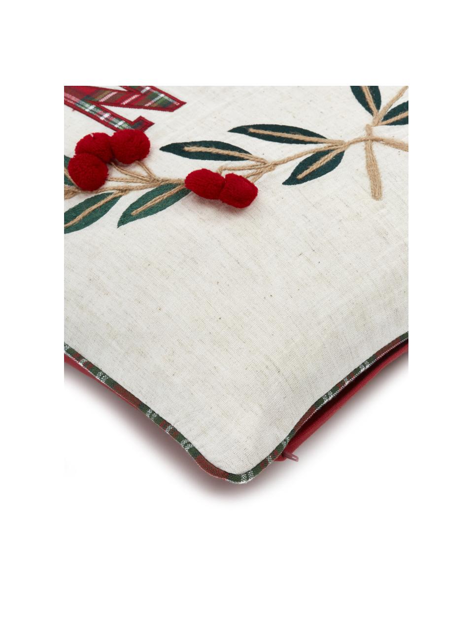 Funda de cojín bordada con ribete Noel, 100% algodón, Blanco crema, An 45 x L 45 cm
