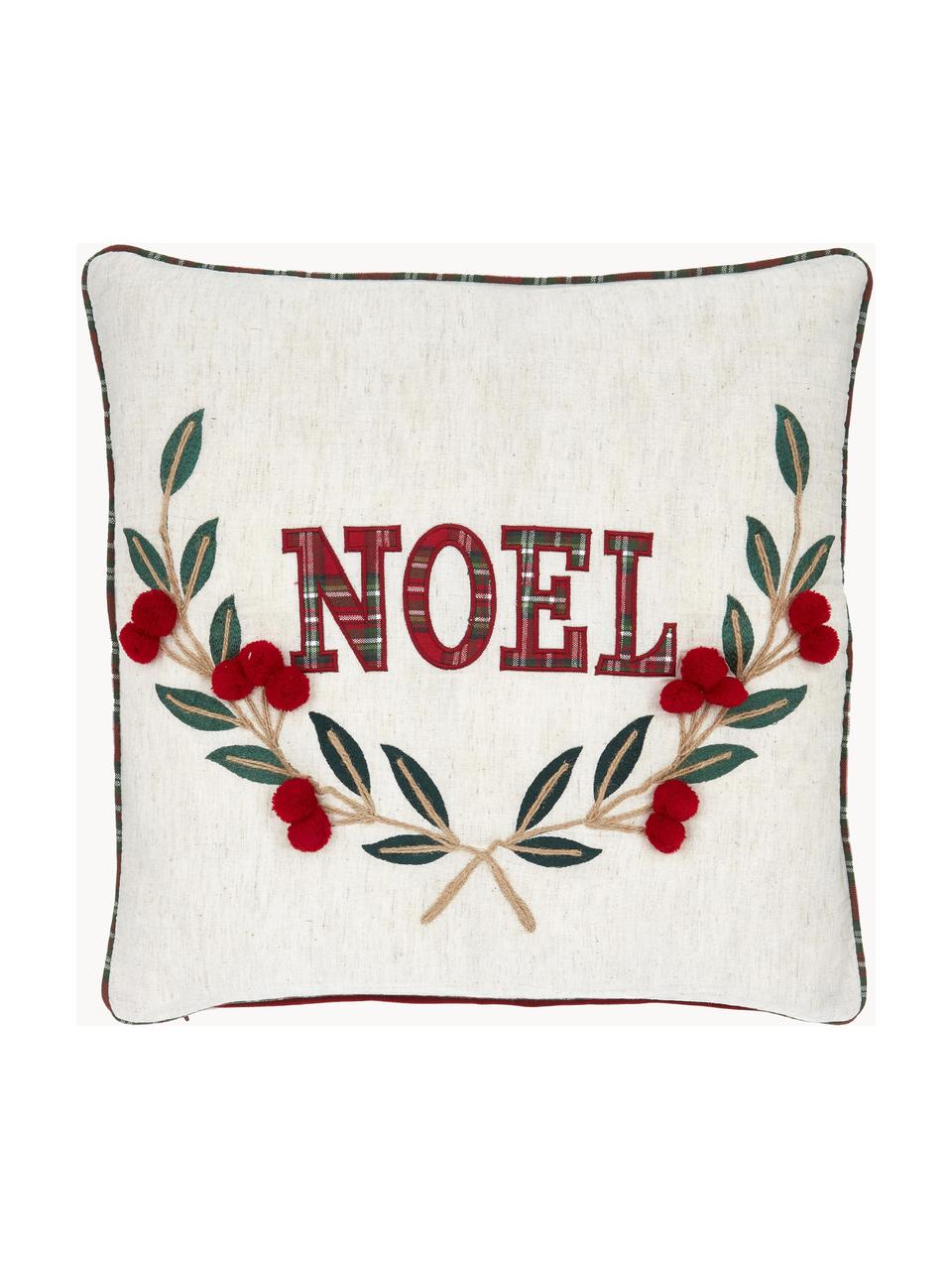 Bestickte Kissenhülle Noel mit Keder, 100 % Baumwolle, Cremeweiss, B 45 x L 45 cm