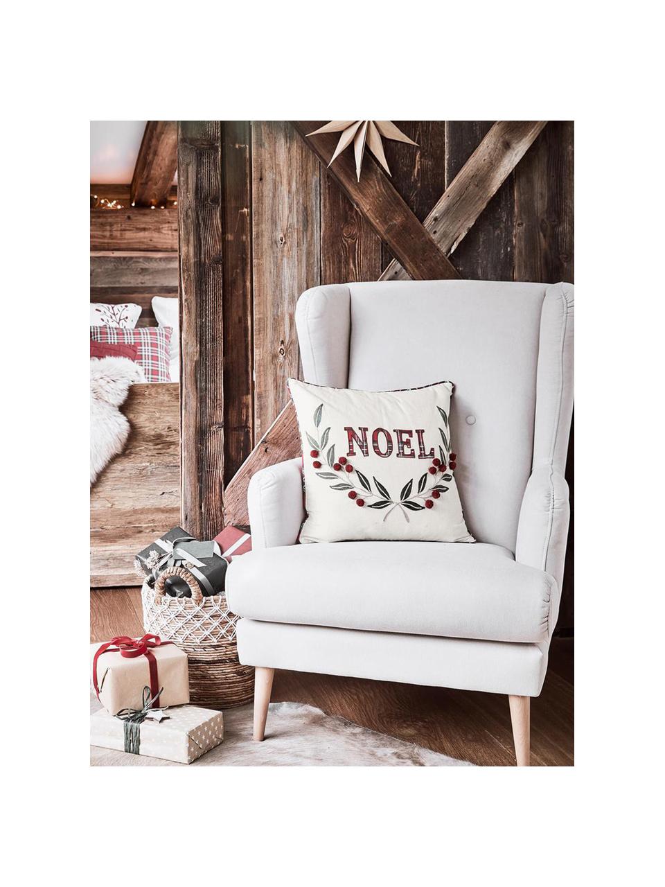 Geborduurde kussenhoes Noel met bies, 100% katoen, Crèmewit, B 45 x L 45 cm