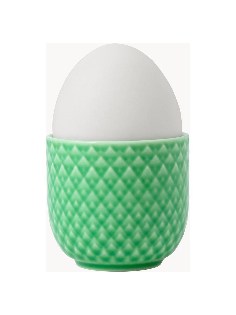 Soportes de huevo de porcelana con relieves Rhombe, 4 uds., Porcelana, Verde, Ø 5 x Al 5 cm
