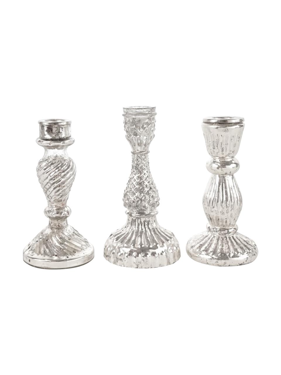 Kerzenhalter-Set Basilika, 3-tlg., Glas, Silberfarben, Ø 8 x H 17 cm