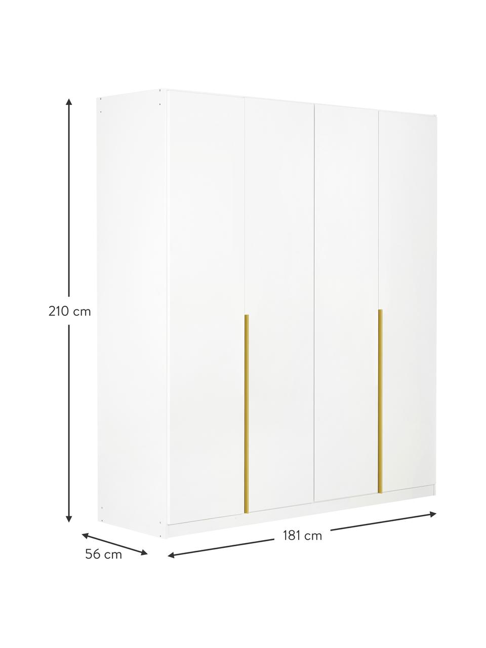 Drehtürenschrank Mia, 4-türig, Holzwerkstoff aus heimischen Hölzern aus nachhaltiger Forstwirtschaft, beschichtet, Weiß, Goldfarben, B 181 x H 210 cm