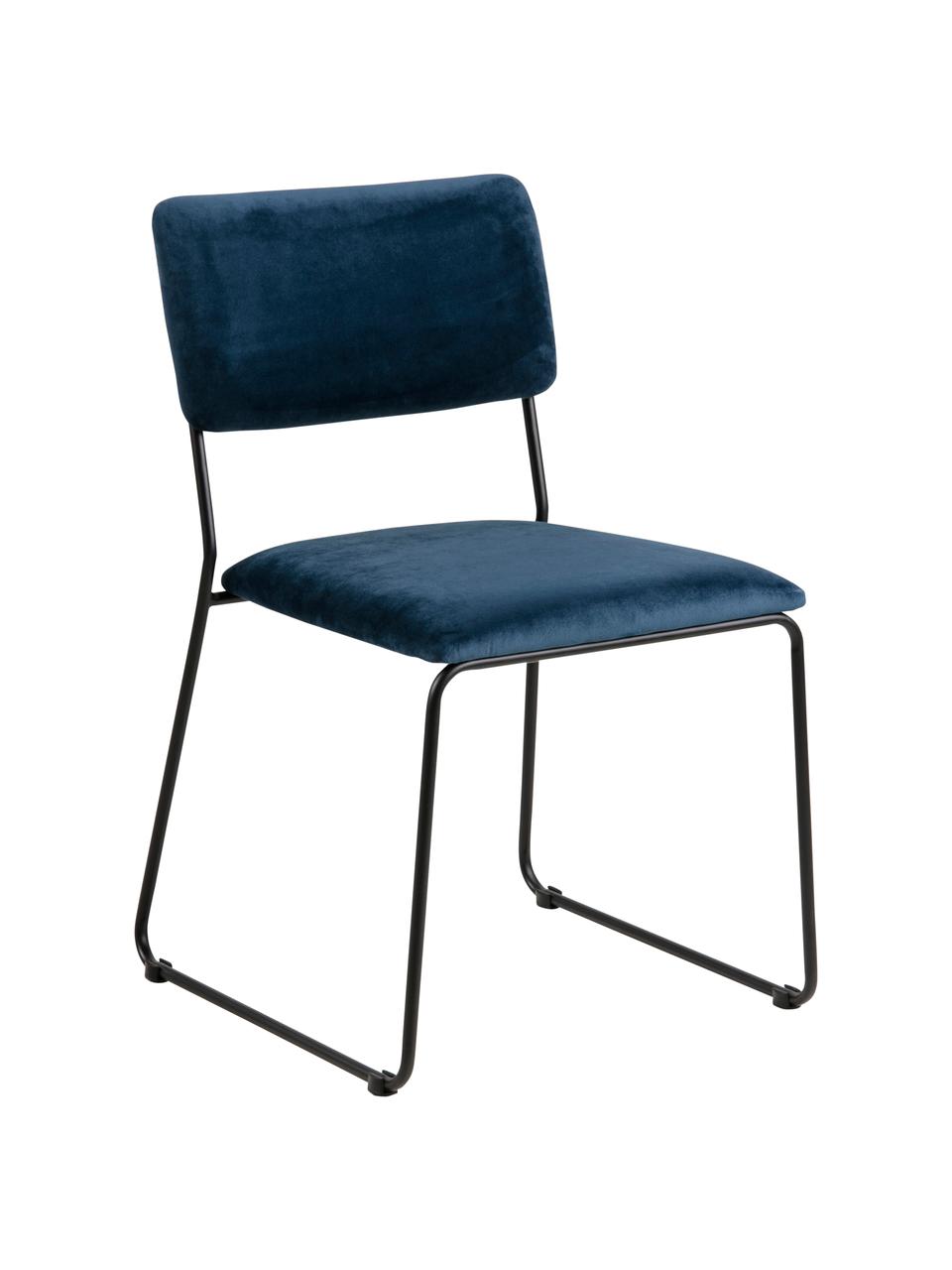 Fluwelen stoelen Cornelia, 2 stuks, Bekleding: polyester fluweel, Poten: gelakt metaal, Donkerblauw, zwart, B 50 x D 54 cm